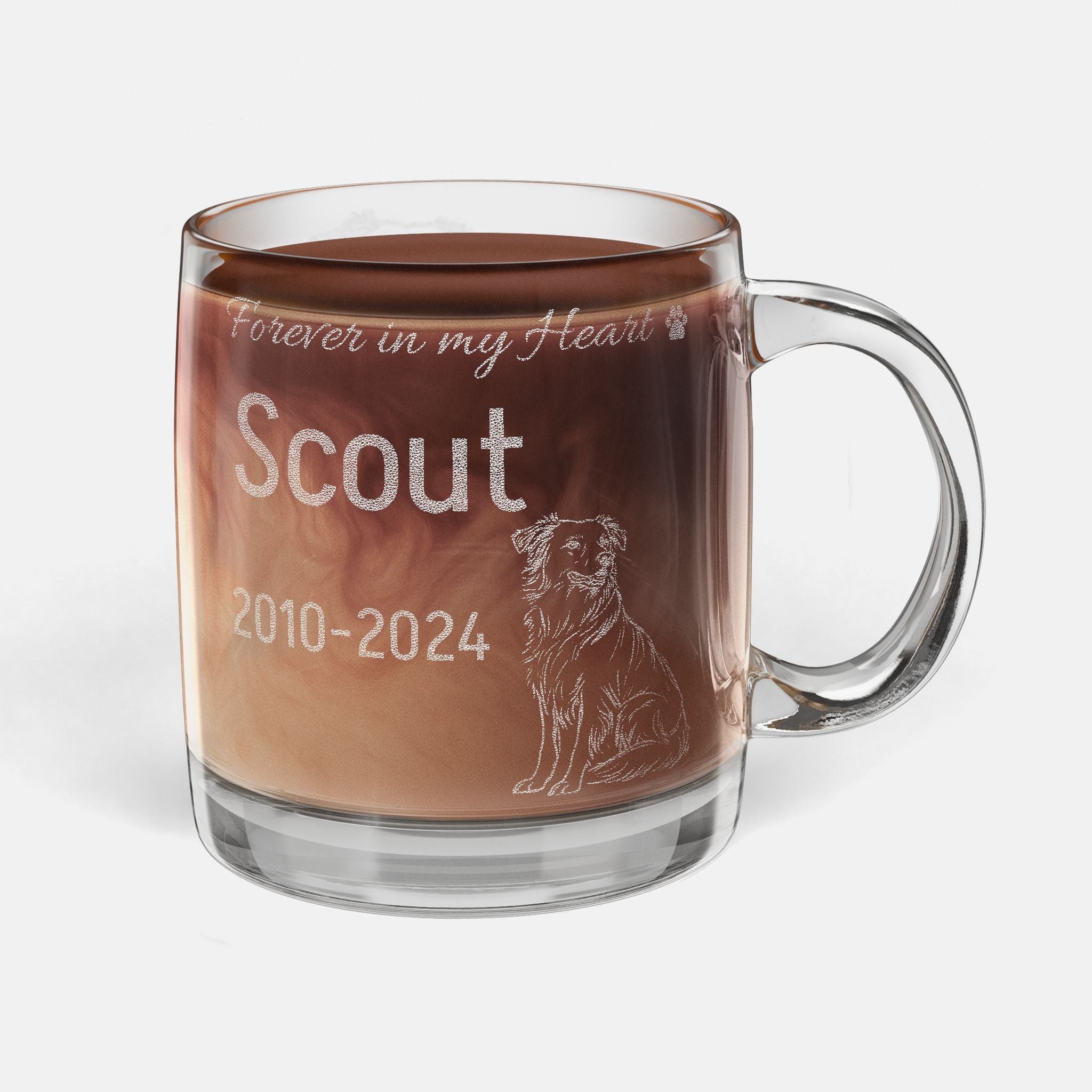 Forever in My Heart Border Collie Engraved Glass Mug – Personalized Dog Memorial Gift – Custom Name & Years
