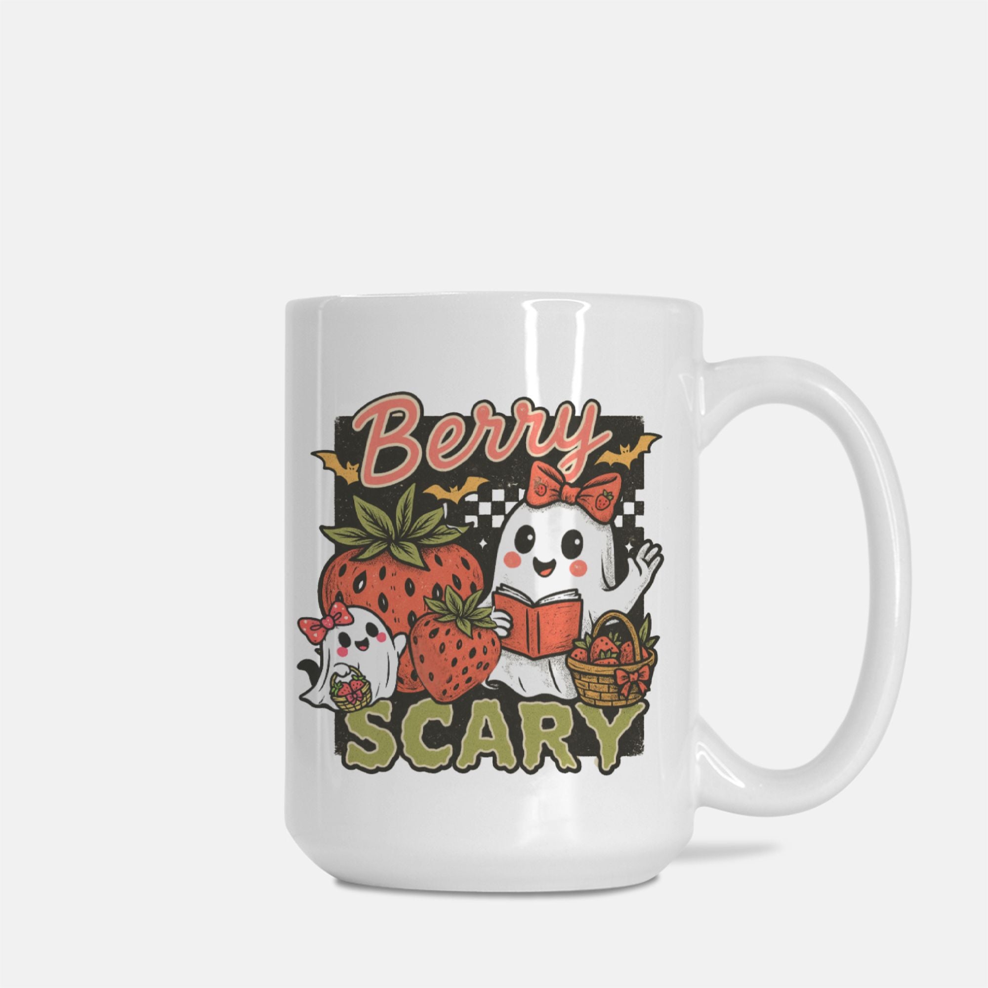 White mug with ghost and strawberry design and text 'Berry Scary' on a white background