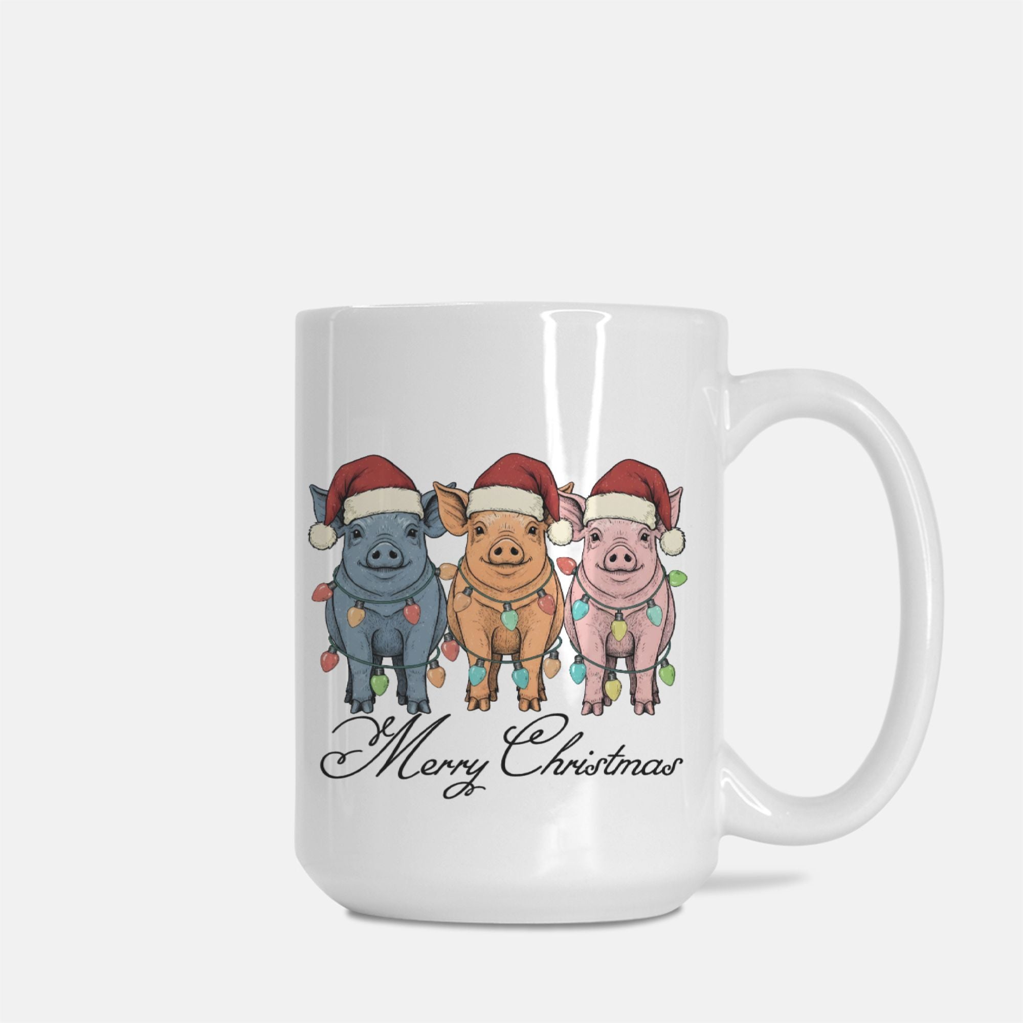 White mug with Christmas-themed design of pigs wearing Santa hats and 'Merry Christmas' text on a white background.