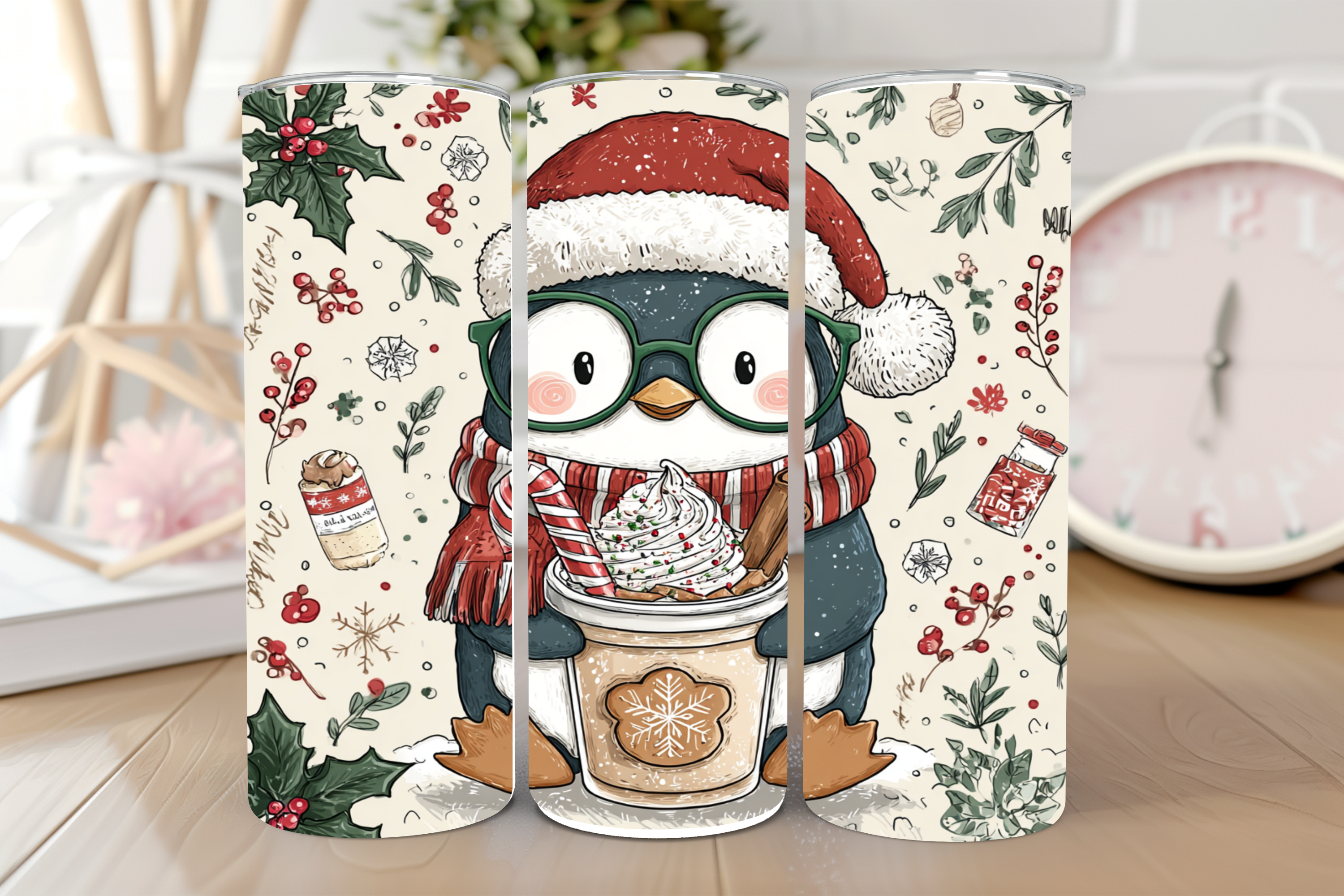 Three-panel phone case with a penguin design holding a cupcake, surrounded by festive patterns.