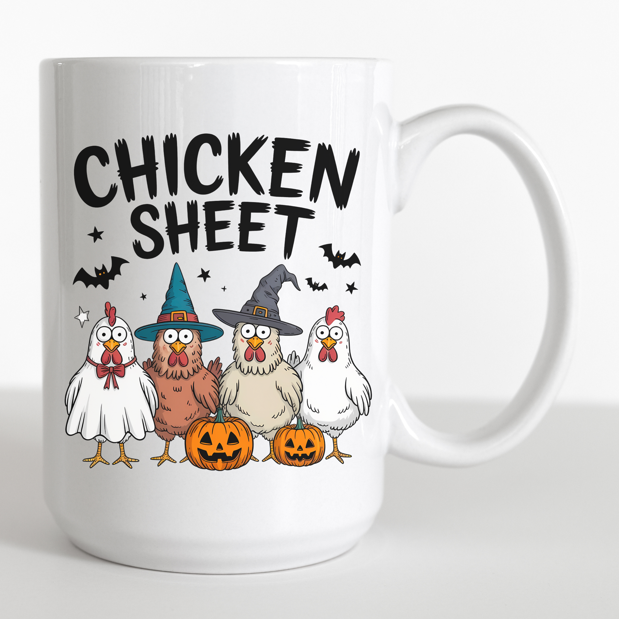 White mug with Halloween-themed design featuring cartoon chickens and the text 'Chicken Sheet'.