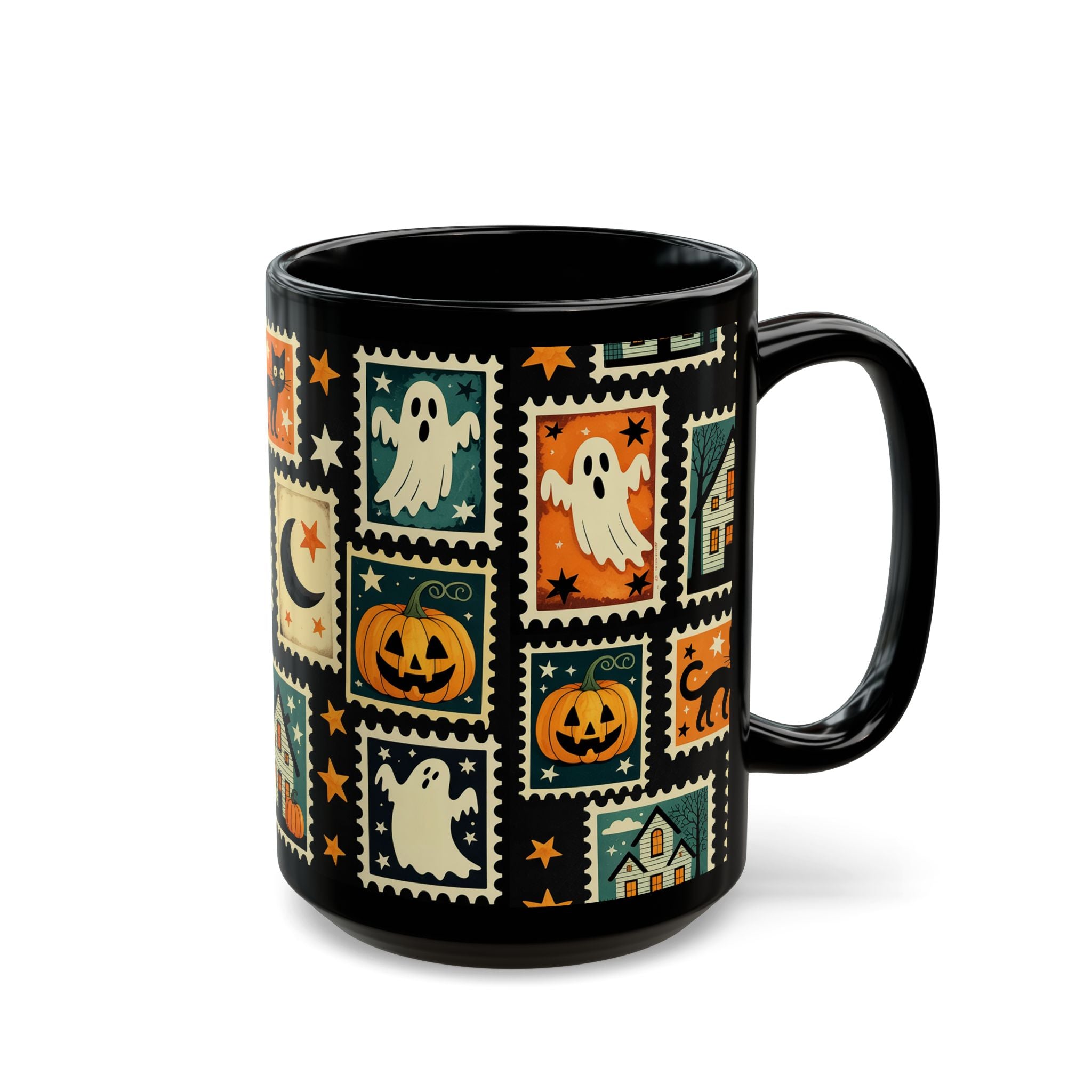 Black mug with Halloween-themed design featuring ghosts, pumpkins, and haunted houses on a white background.