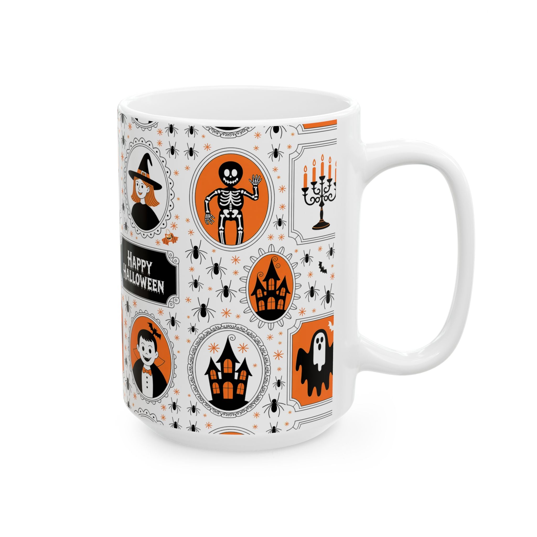 Halloween-themed mug with various icons on a white background