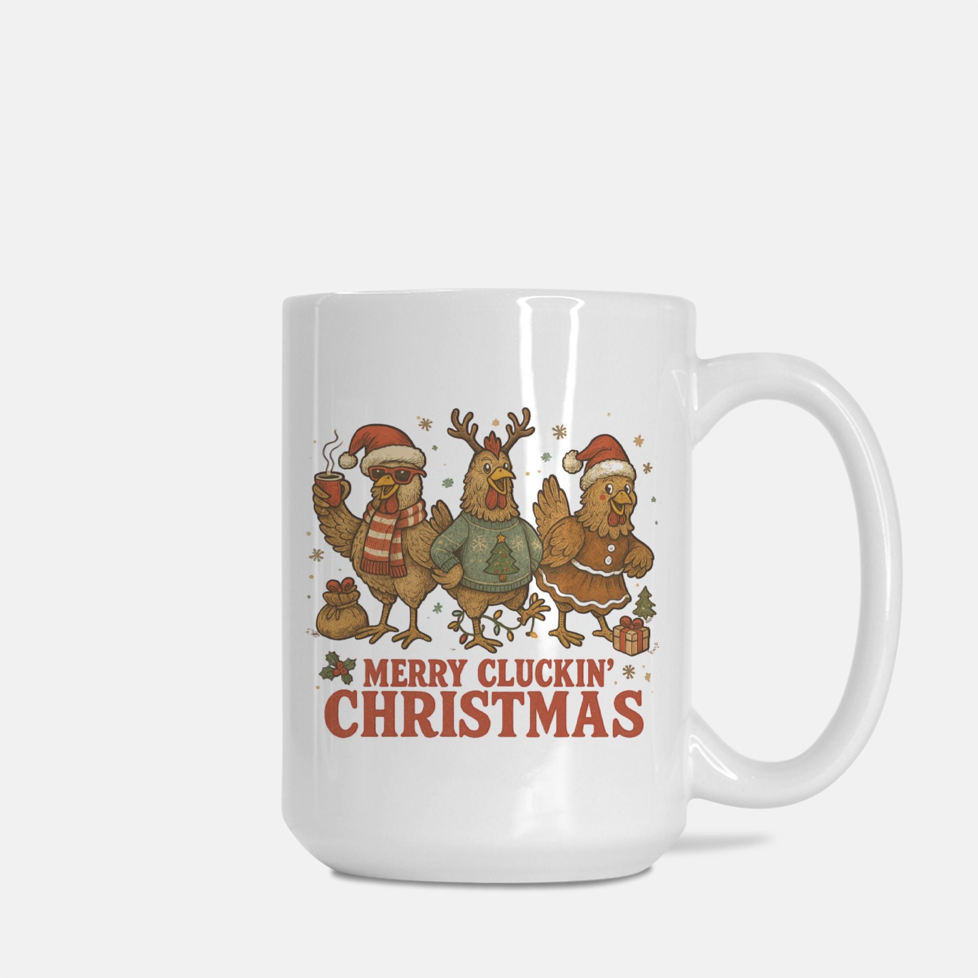 White mug with Christmas-themed design featuring chickens and text on a white background