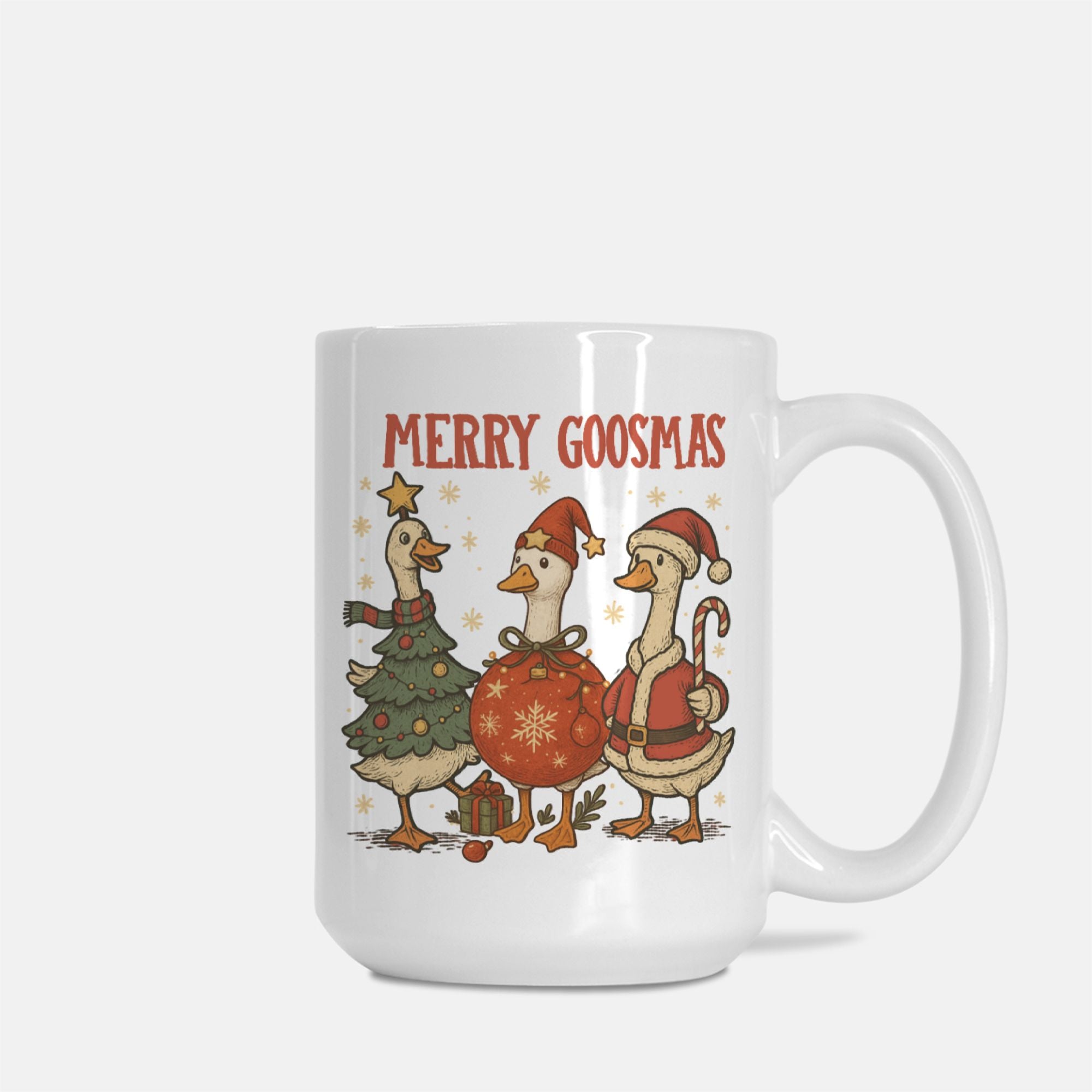 White mug with Christmas-themed design of geese and 'Merry Goosmas' text on a white background