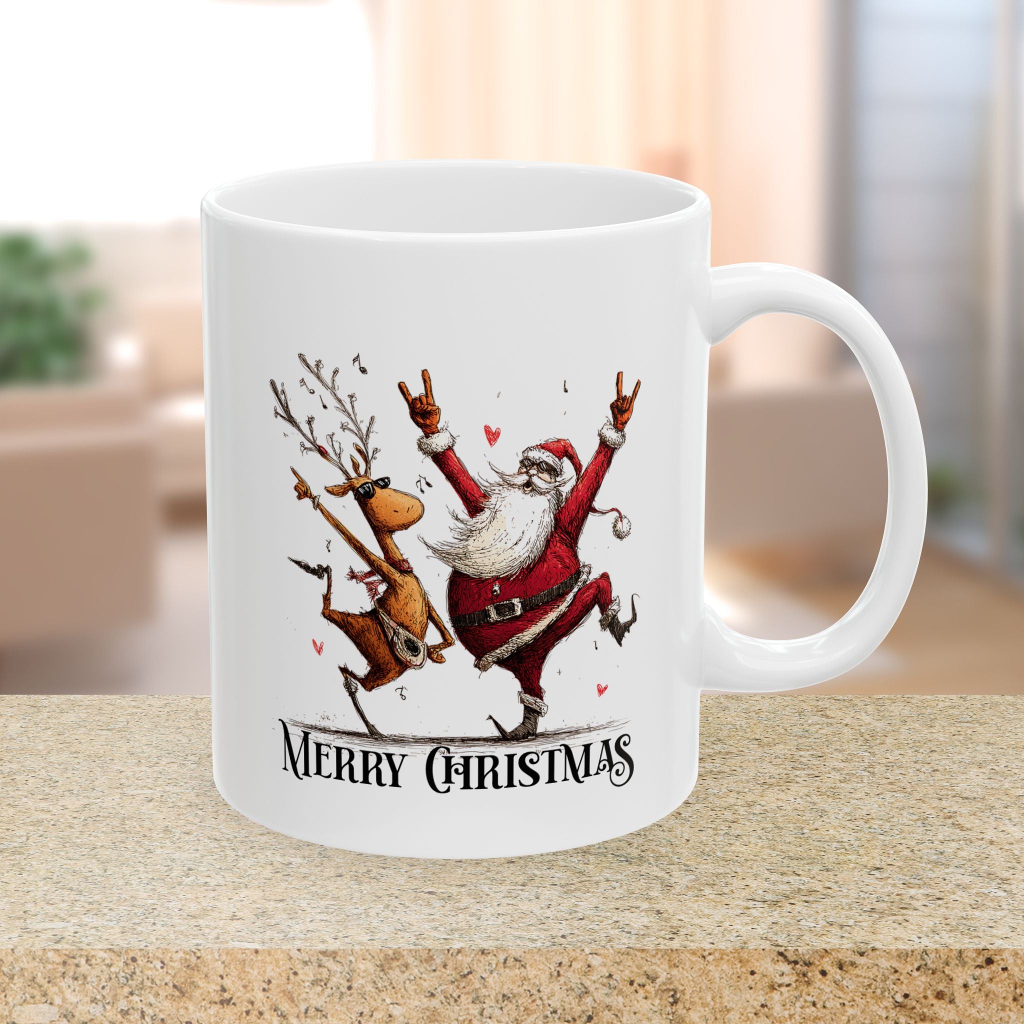 White mug with a festive design of Santa Claus and a reindeer, featuring the text 'Merry Christmas', on a wooden surface.