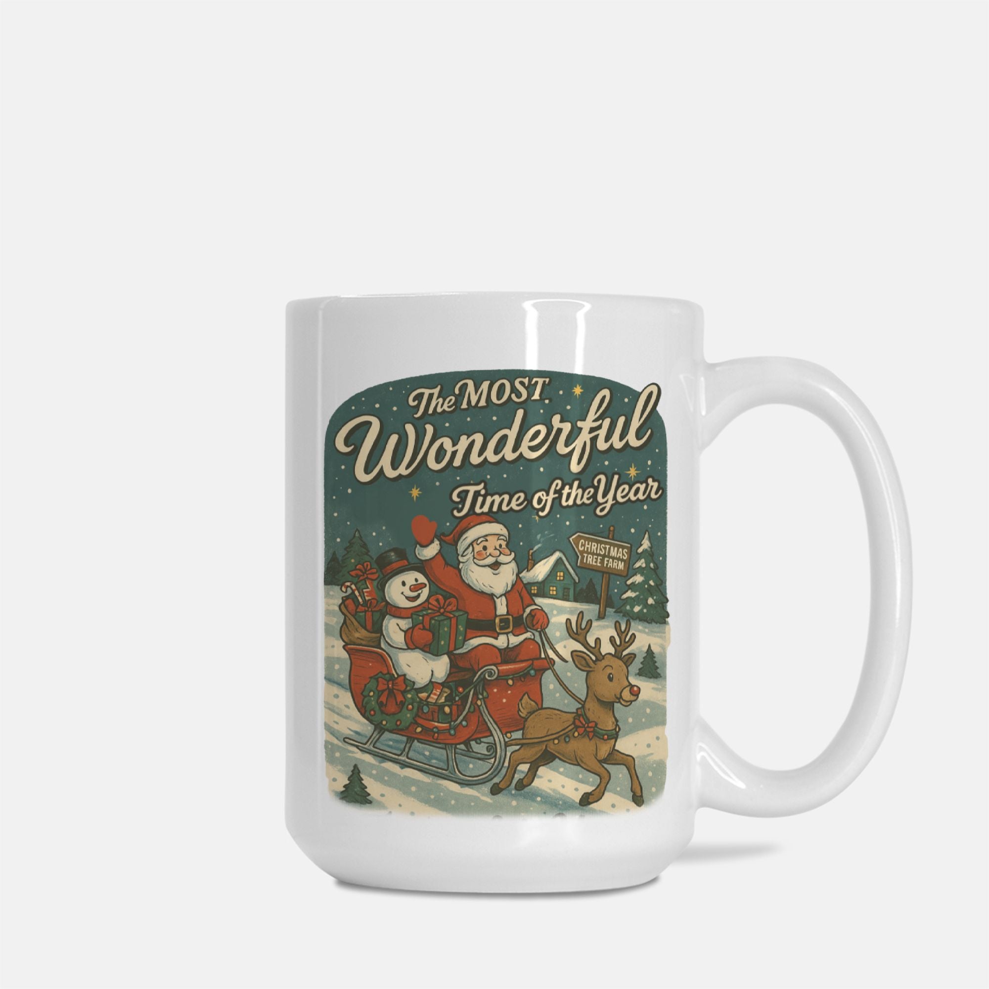 White mug with a Christmas-themed design featuring Santa Claus and reindeer, text 'The Most Wonderful Time of the Year'.