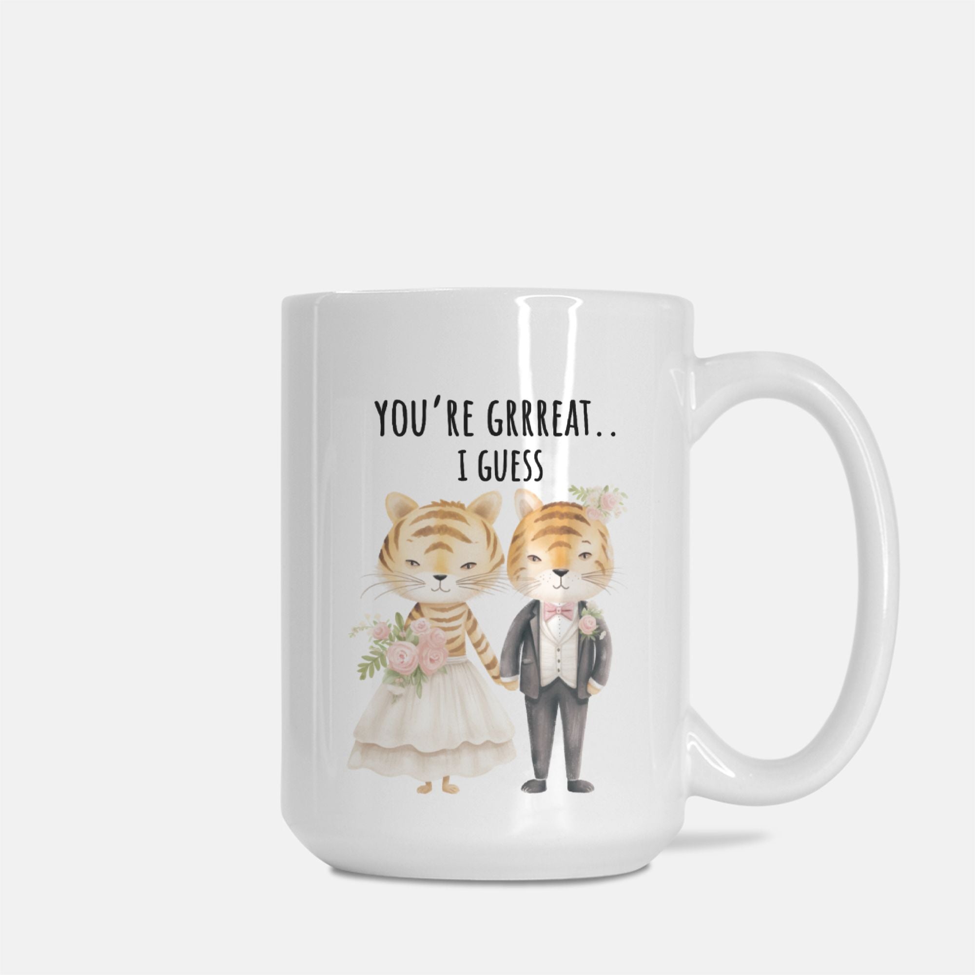 Mug with cartoon tigers in wedding attire and humorous text on a white background