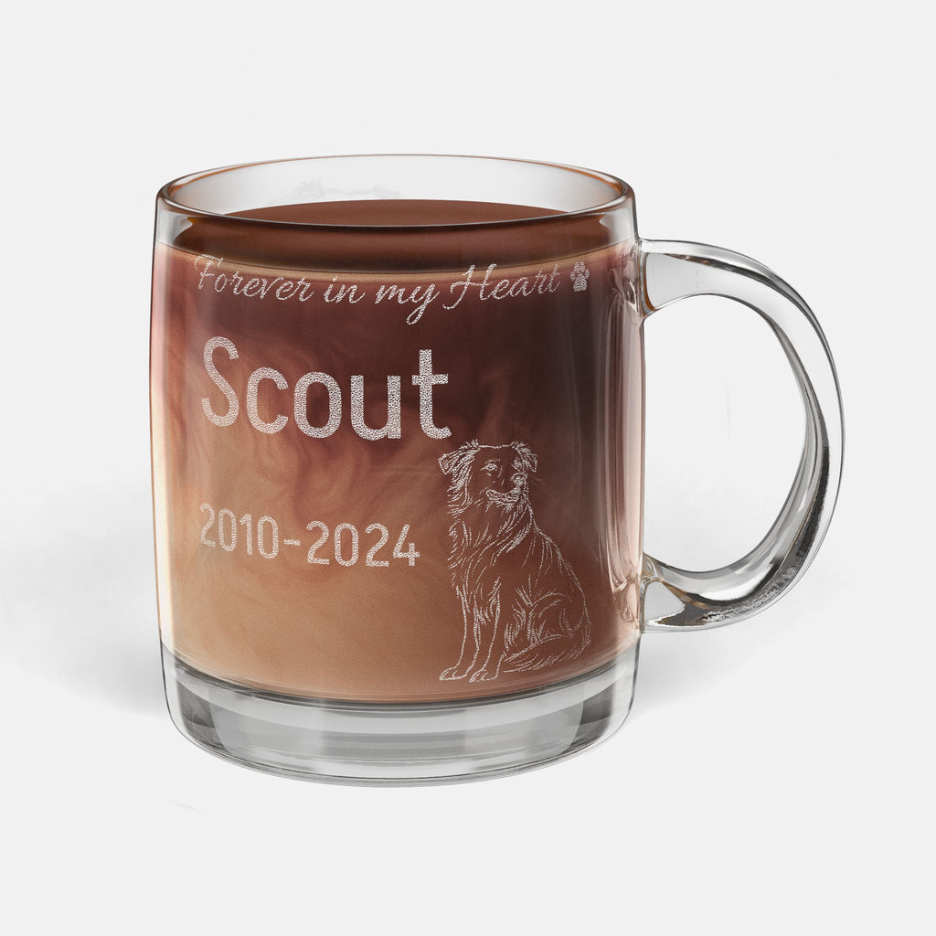 Forever in My Heart Border Collie Engraved Glass Mug – Personalized Dog Memorial Gift – Custom Name & Years