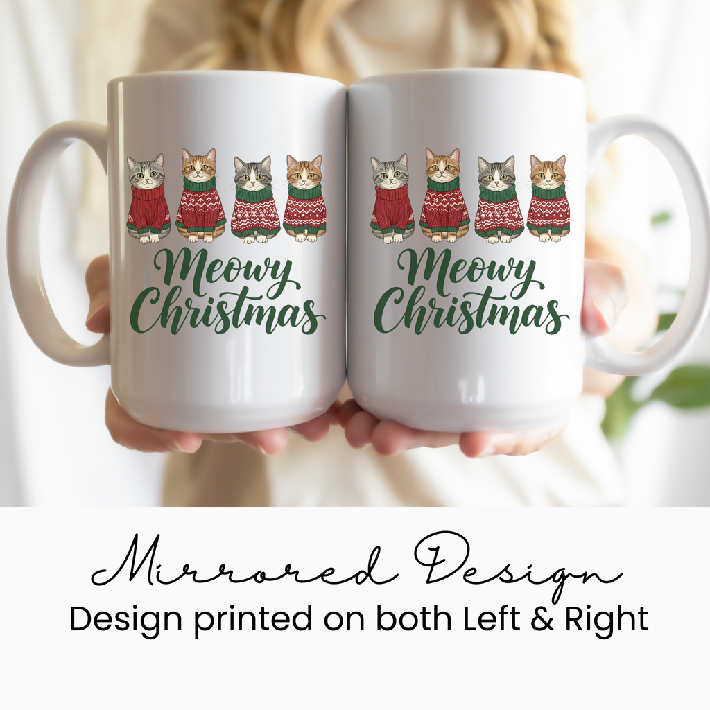 Meowy Christmas Cat Ceramic Mug | Holiday Gift for Cat Lovers, Cute Christmas Mug, Winter Decor
