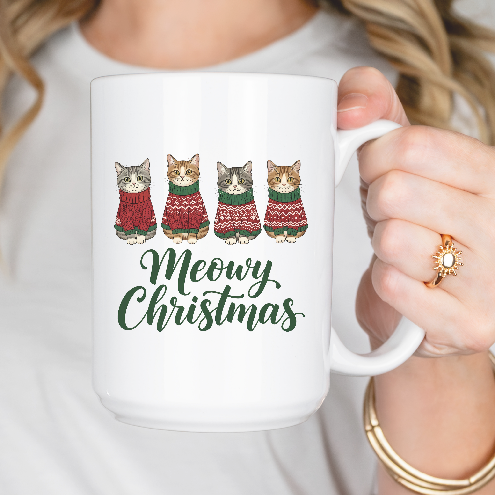 Meowy Christmas Cat Ceramic Mug | Holiday Gift for Cat Lovers, Cute Christmas Mug, Winter Decor