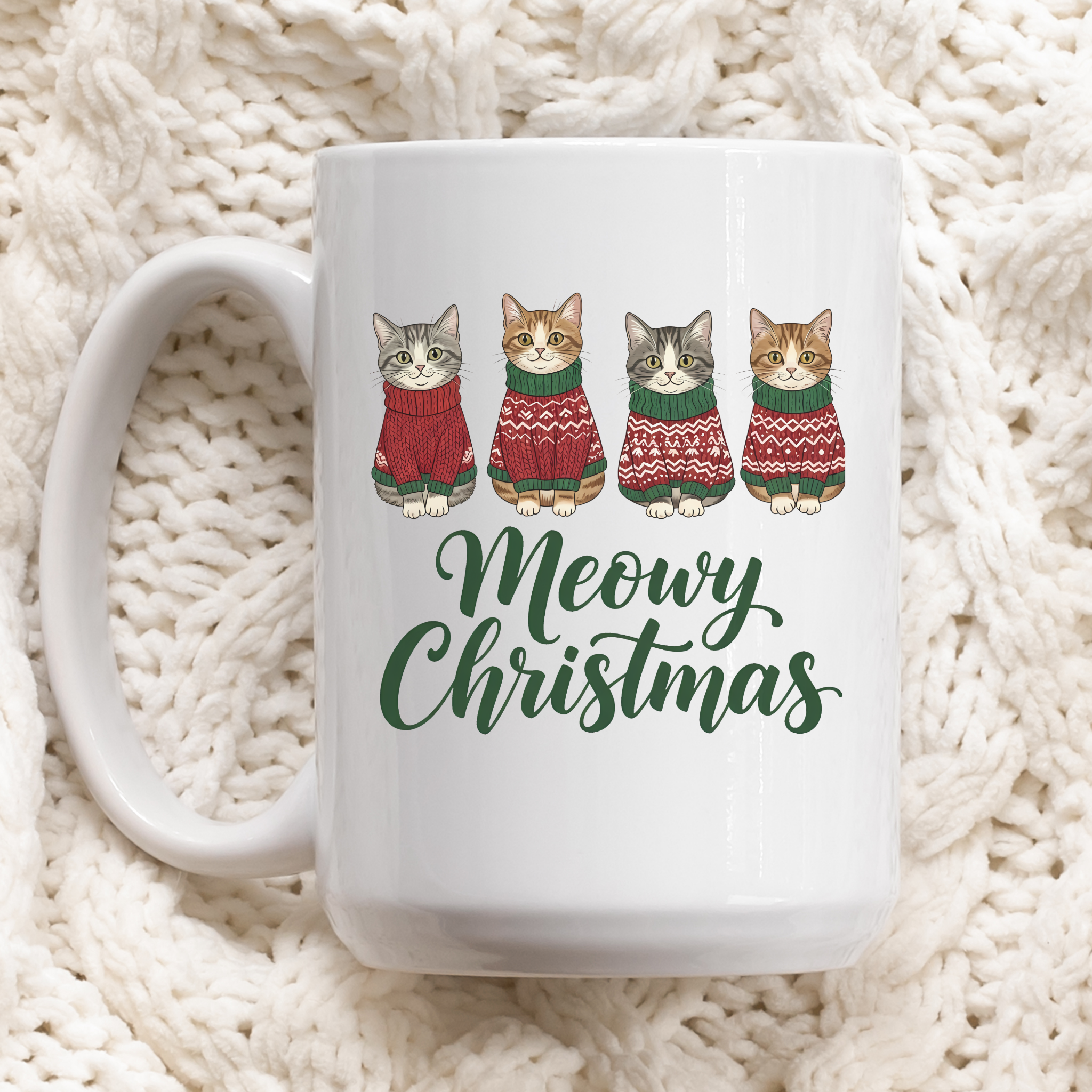 Meowy Christmas Cat Ceramic Mug | Holiday Gift for Cat Lovers, Cute Christmas Mug, Winter Decor