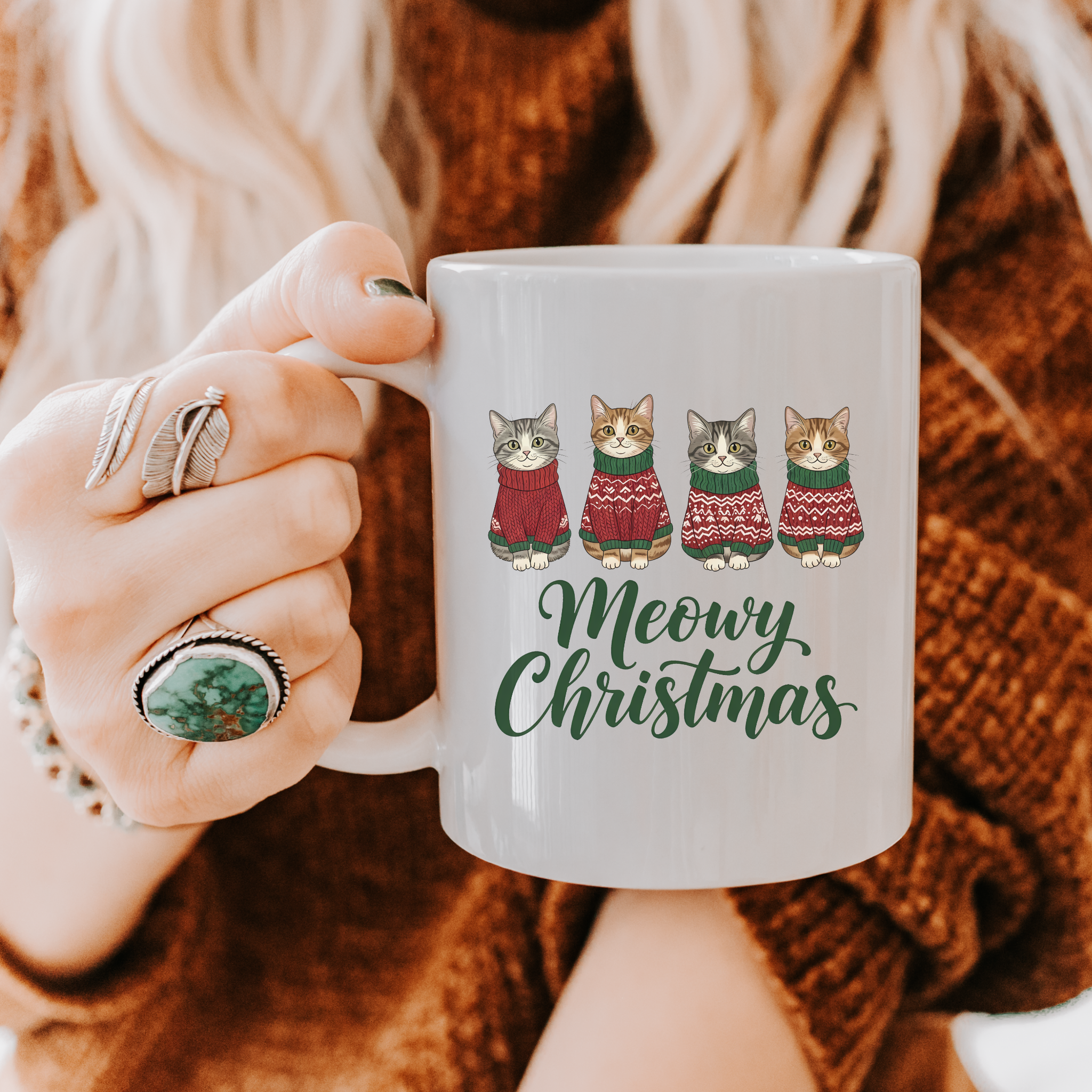 Meowy Christmas Cat Ceramic Mug | Holiday Gift for Cat Lovers, Cute Christmas Mug, Winter Decor