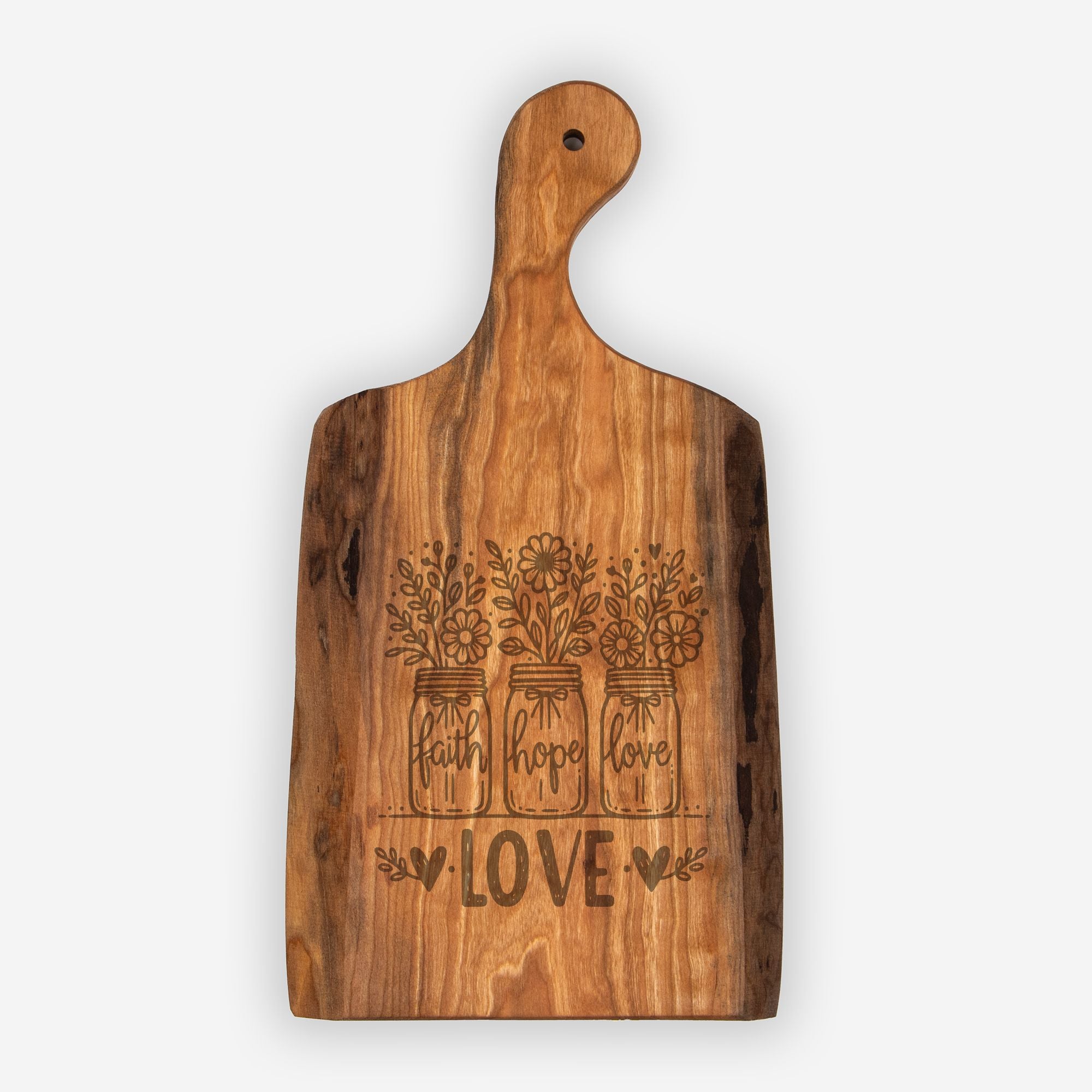 Handcrafted Live Edge Cherry Board Faith Hope Love