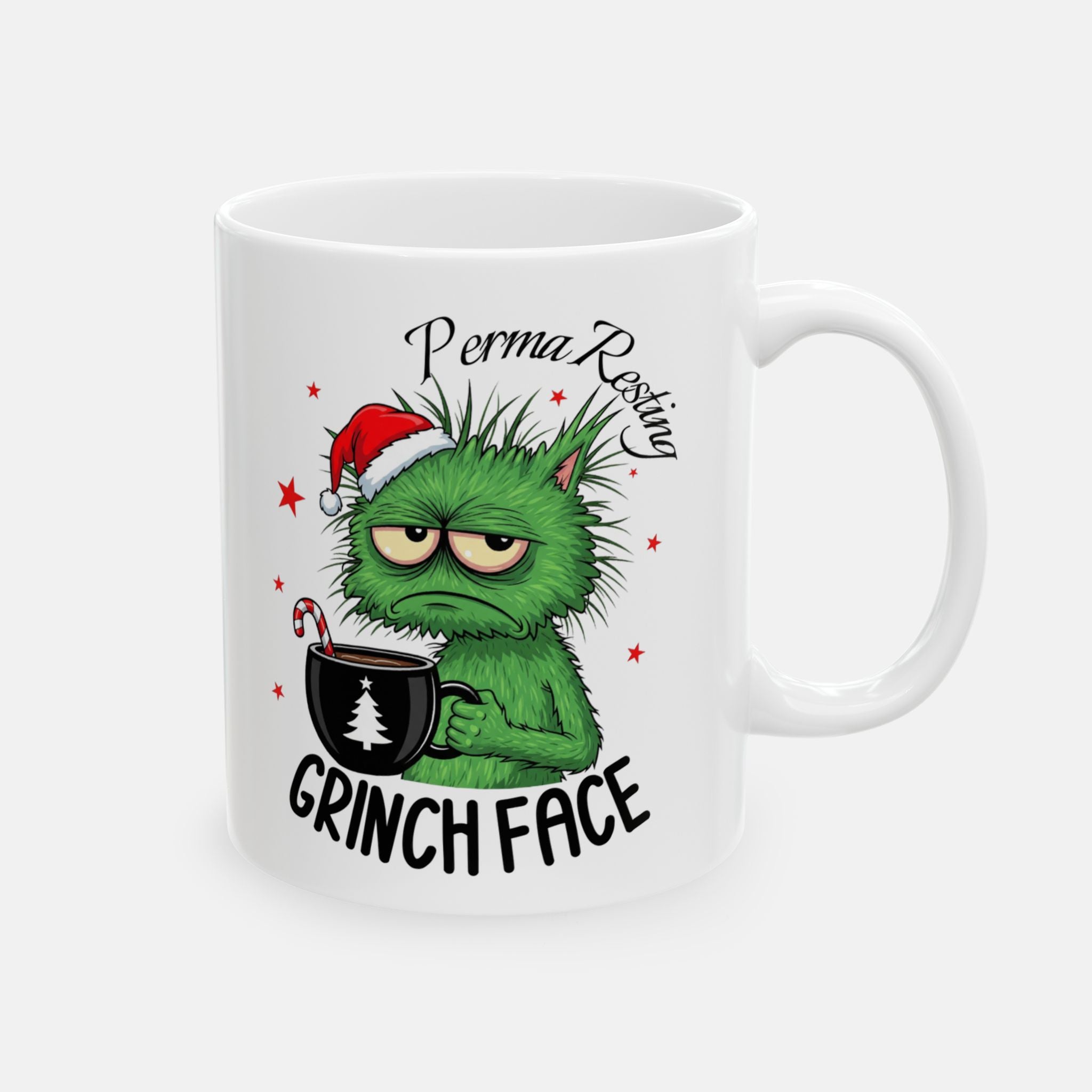 Perma Resting Grinch Face Cat Mug – Custom Name | Funny Holiday Christmas Coffee Cup | Grinch Vibes 2025