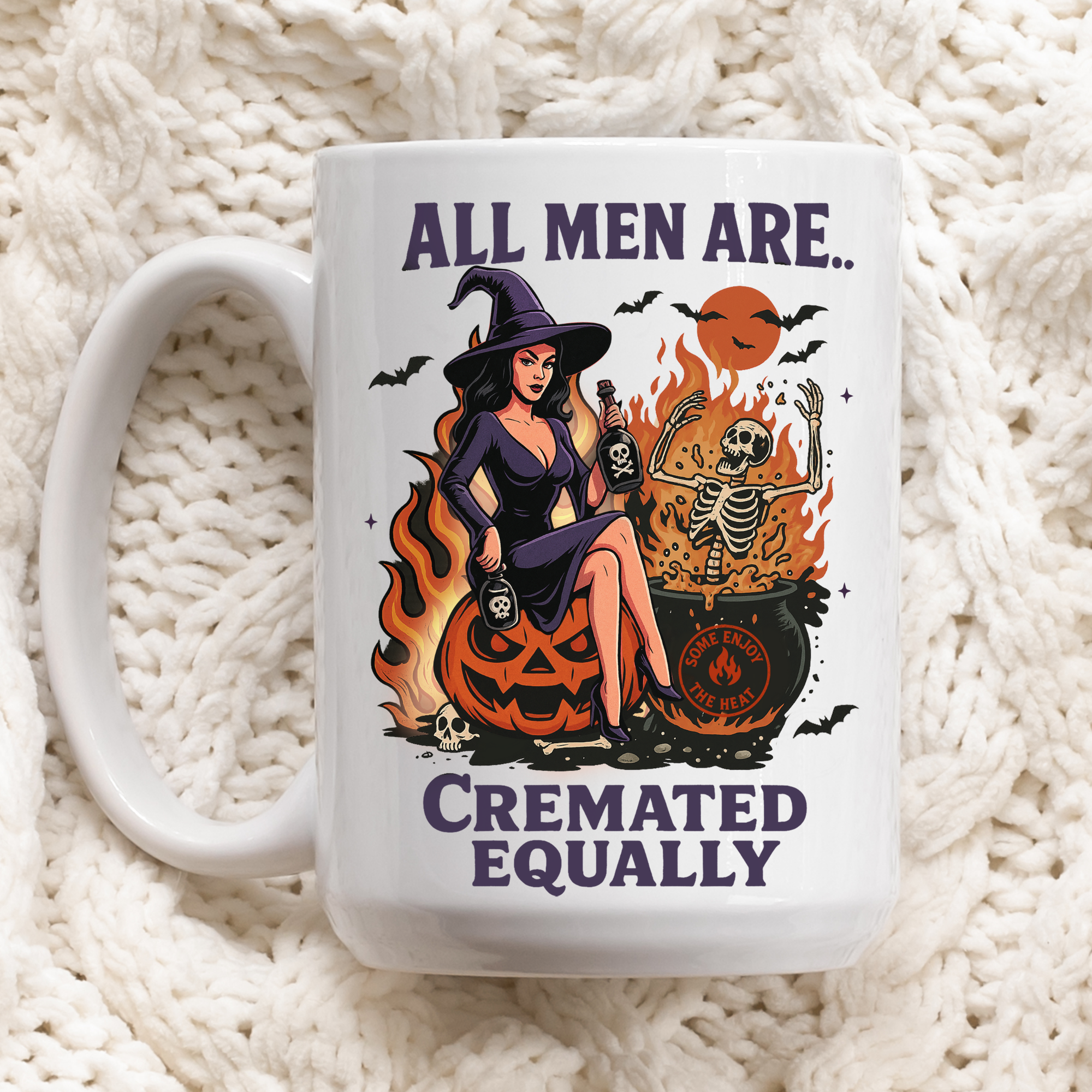 Mug with Halloween-themed design featuring a witch and text on a textured white background