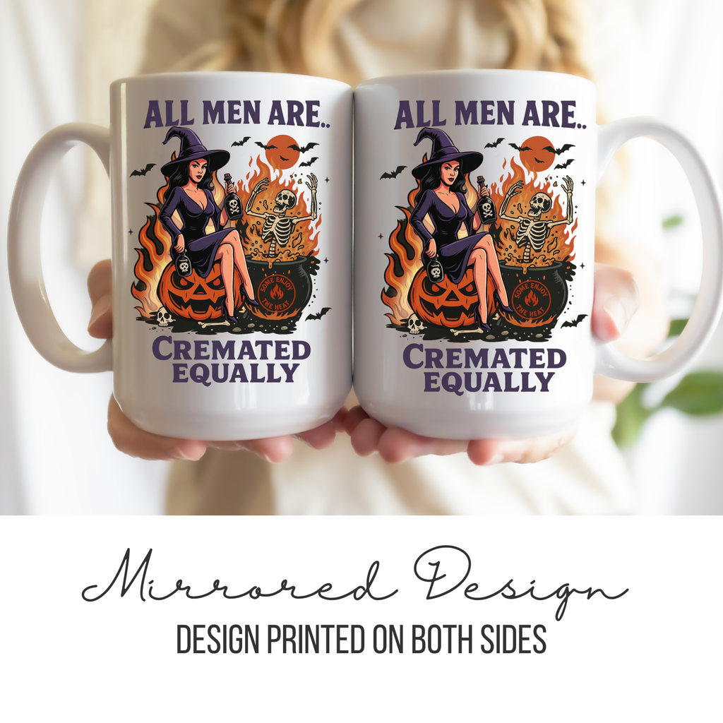 Two mugs with a mirrored design of a witch and skeleton on a pumpkin, with text 'All men are cremated equally'.