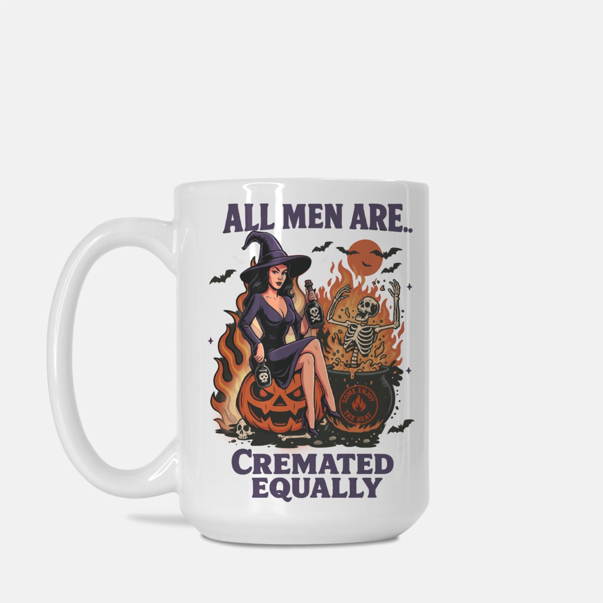 Mug with Halloween-themed design featuring a witch and skeleton, text 'All men are cremated equally' on a white background.