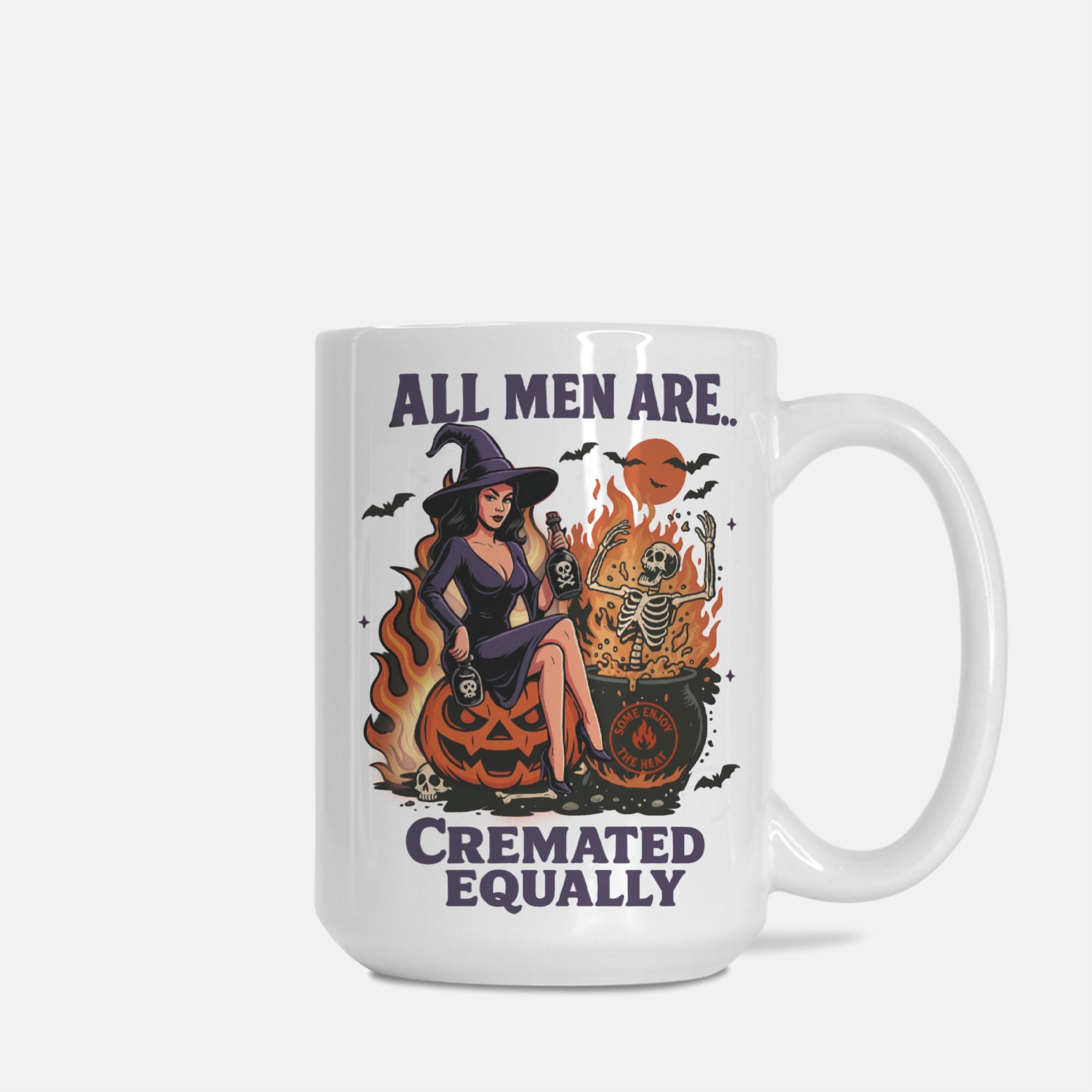 Mug with witch graphic and text 'All Men are.. Cremated Equally  on a white background.