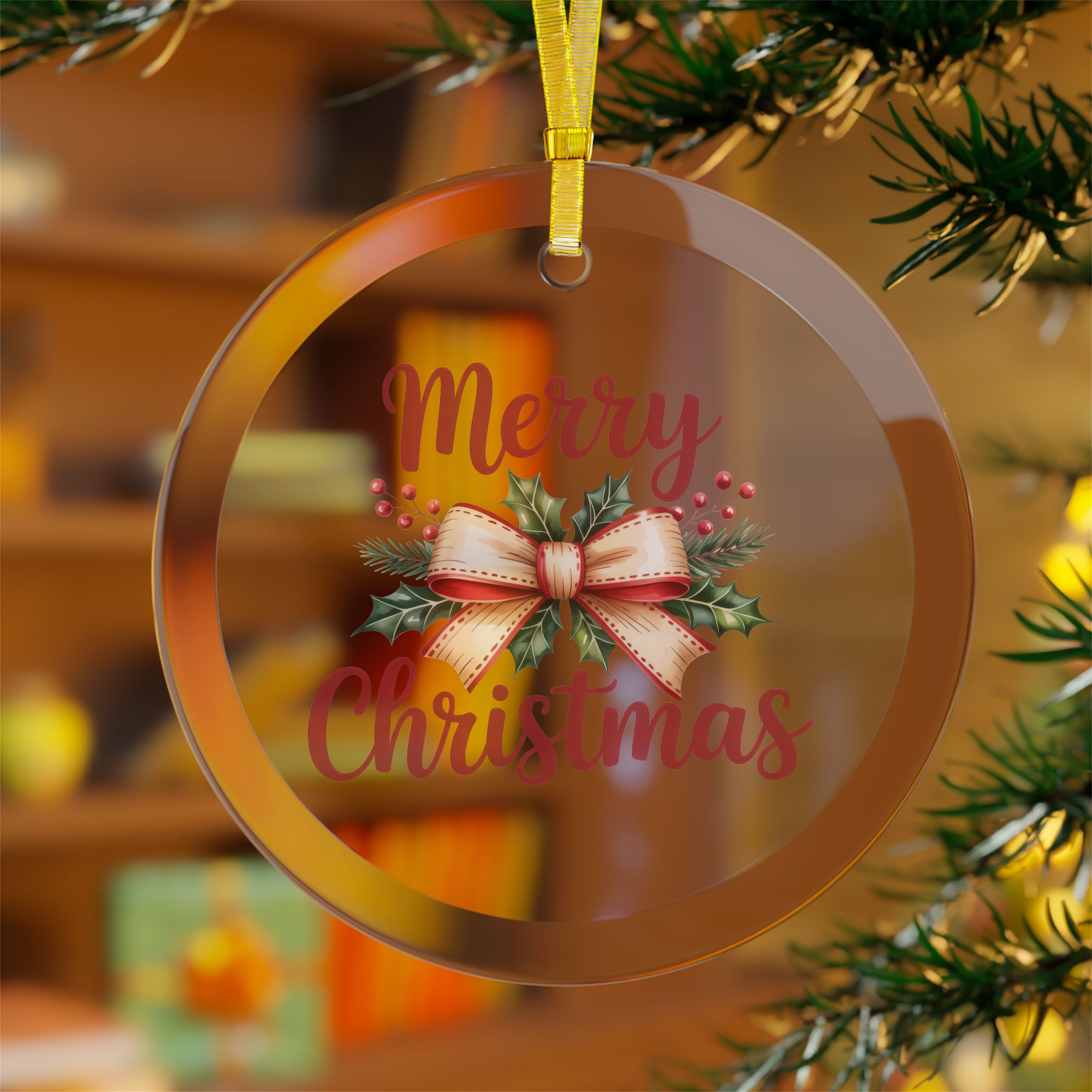 Retro Merry Christmas Ornament - Clear Glass (Round)