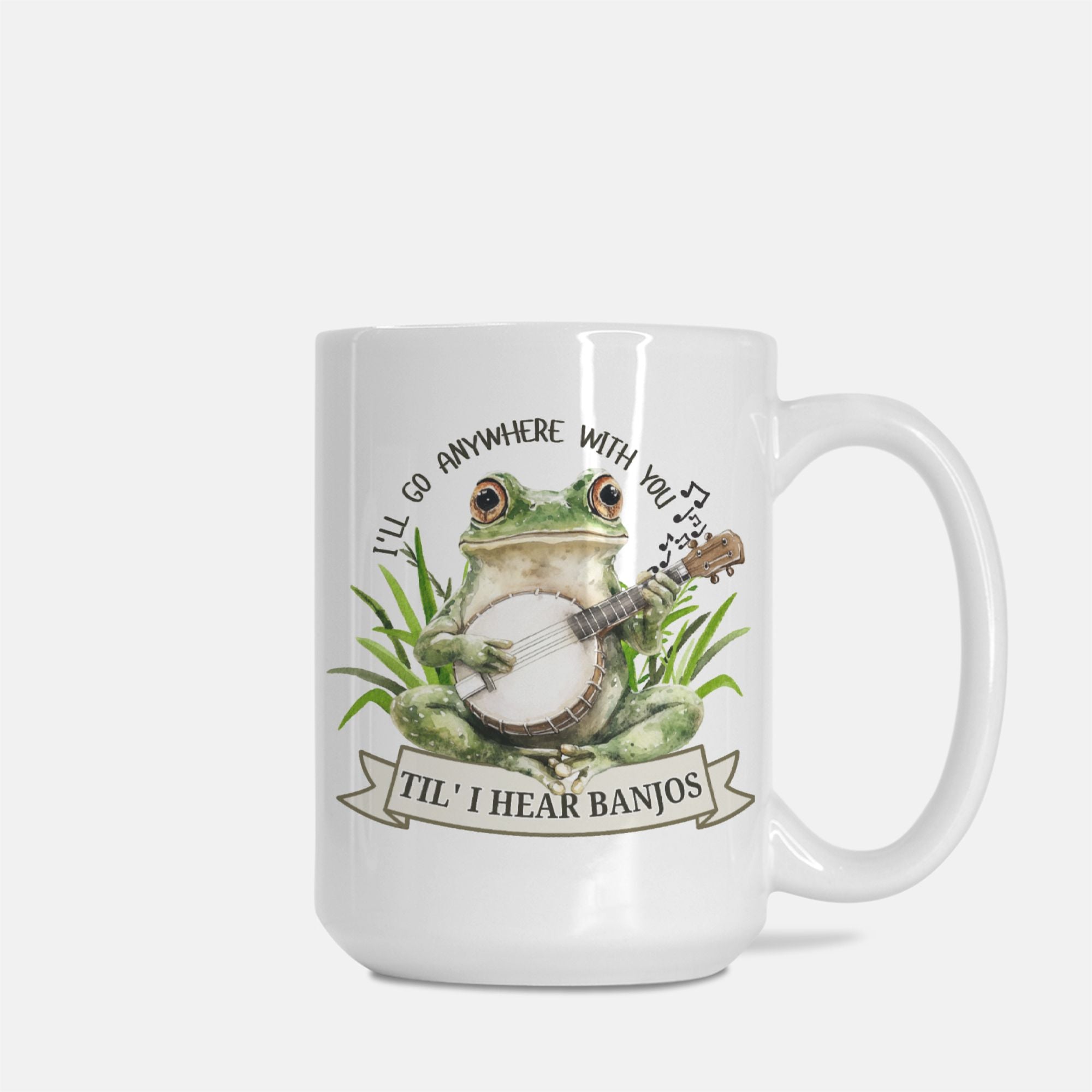 White mug with a frog playing a banjo design and text on a white background