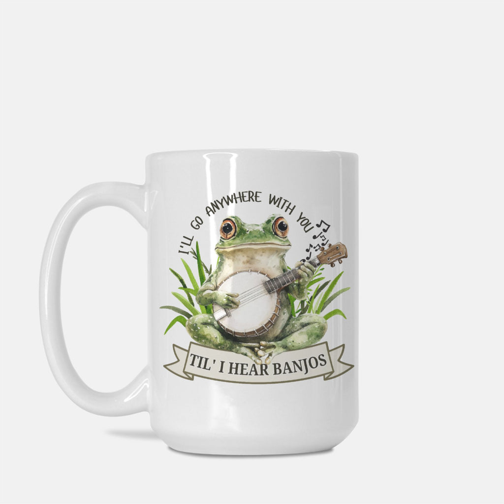 White mug with a frog playing a banjo design and text on a white background