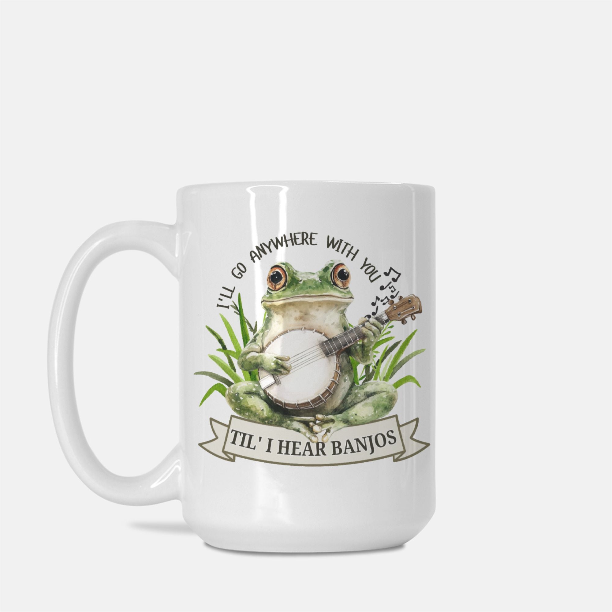White mug with a frog playing a banjo design and text on a white background