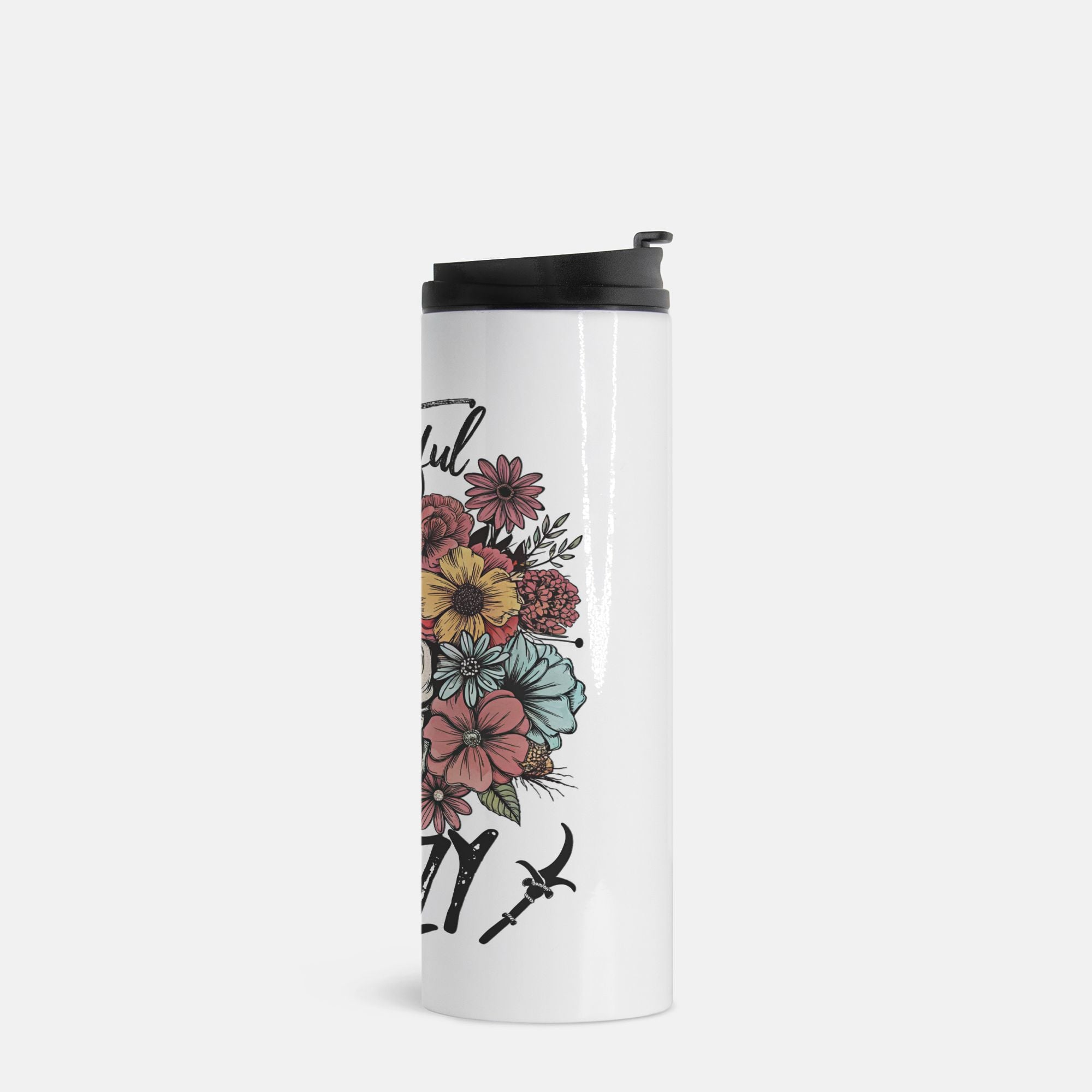 Travel mug with floral design and 'grateful' text on a white background