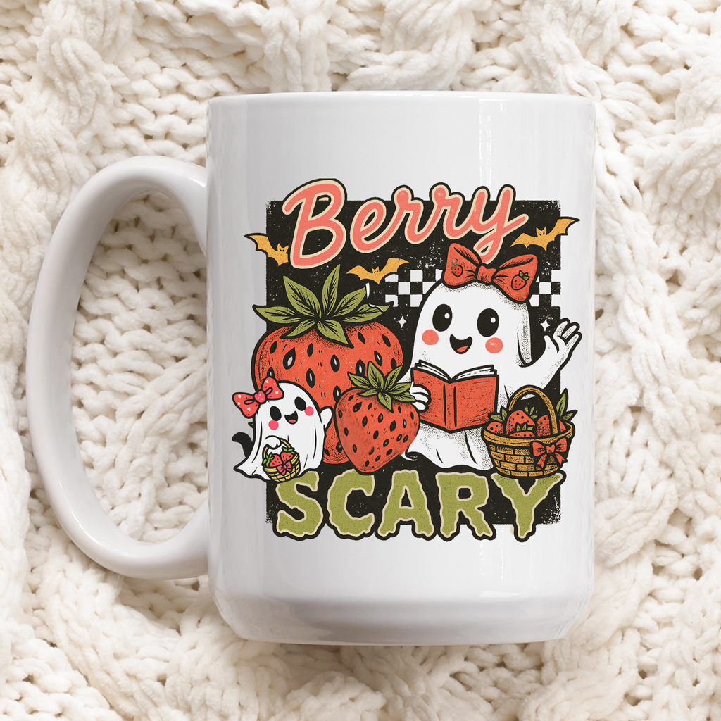 White mug with Halloween-themed design featuring ghosts, strawberries, and text on a textured white background