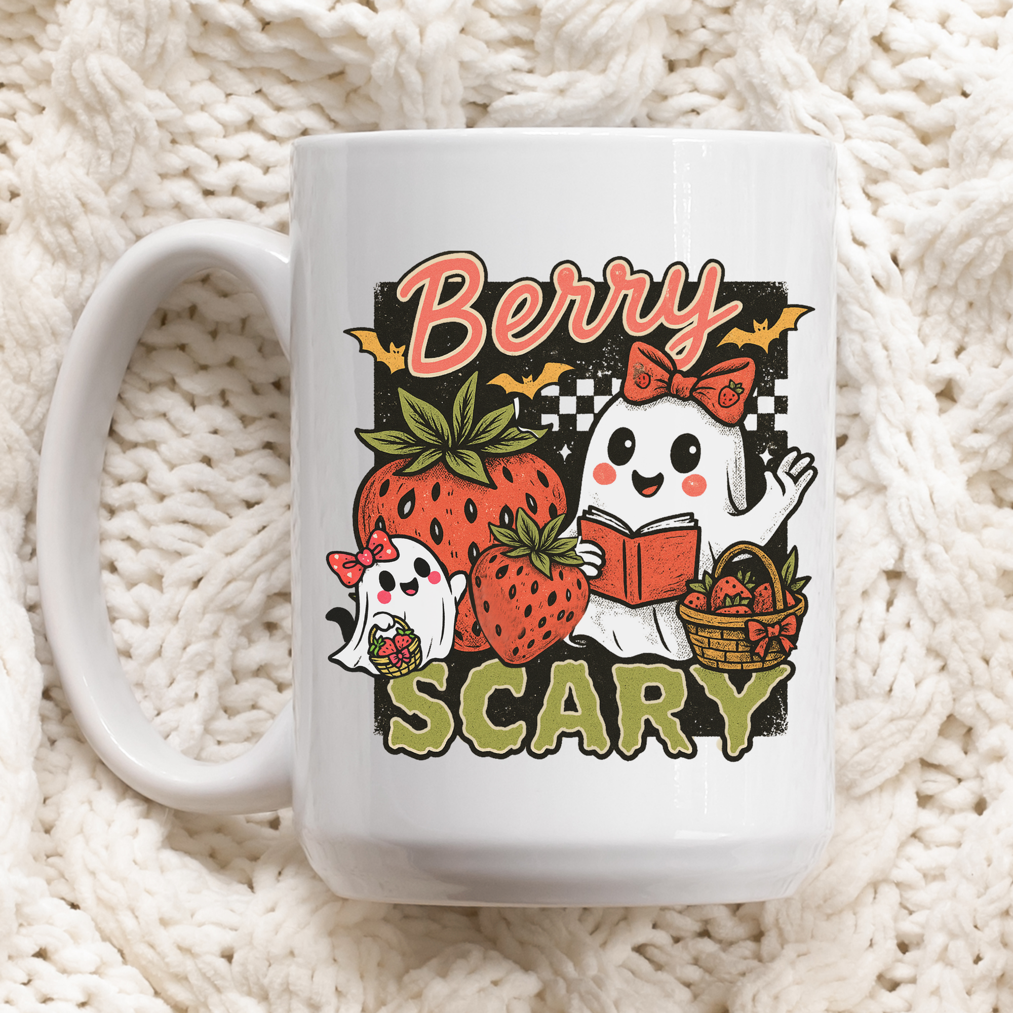 White mug with Halloween-themed design featuring ghosts, strawberries, and text on a textured white background