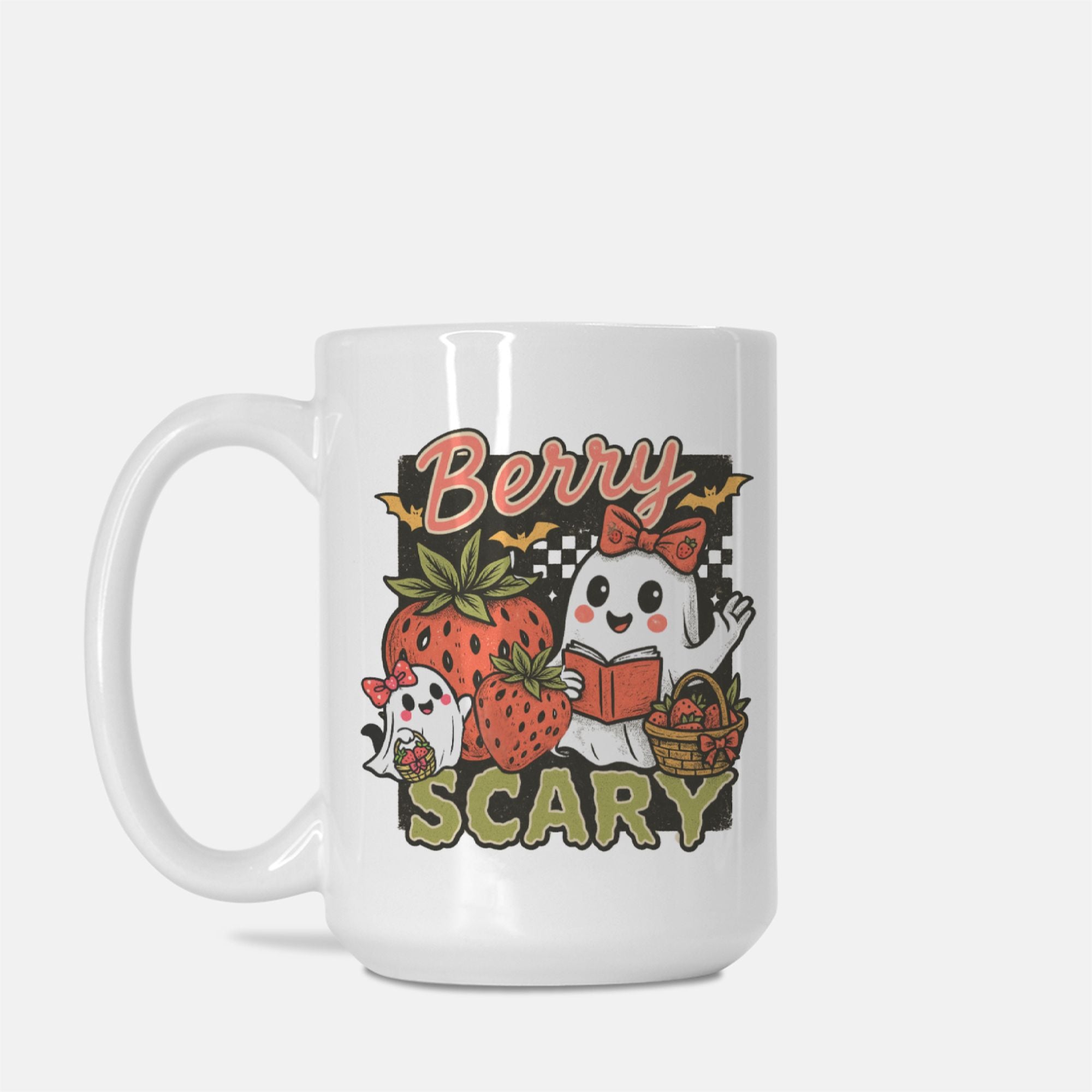 White mug with a Halloween-themed design featuring a ghost, strawberry, and text on a white background