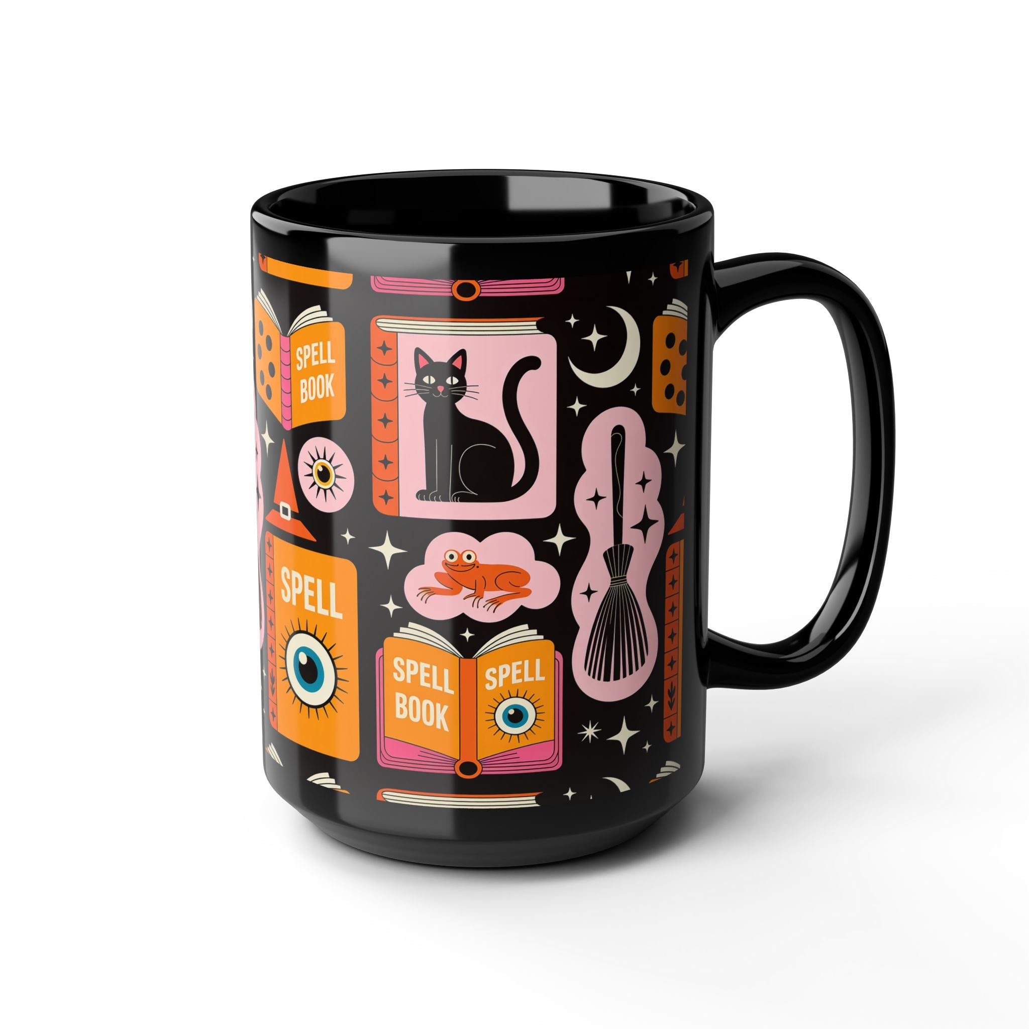 Black mug with colorful witch-themed design on a white background