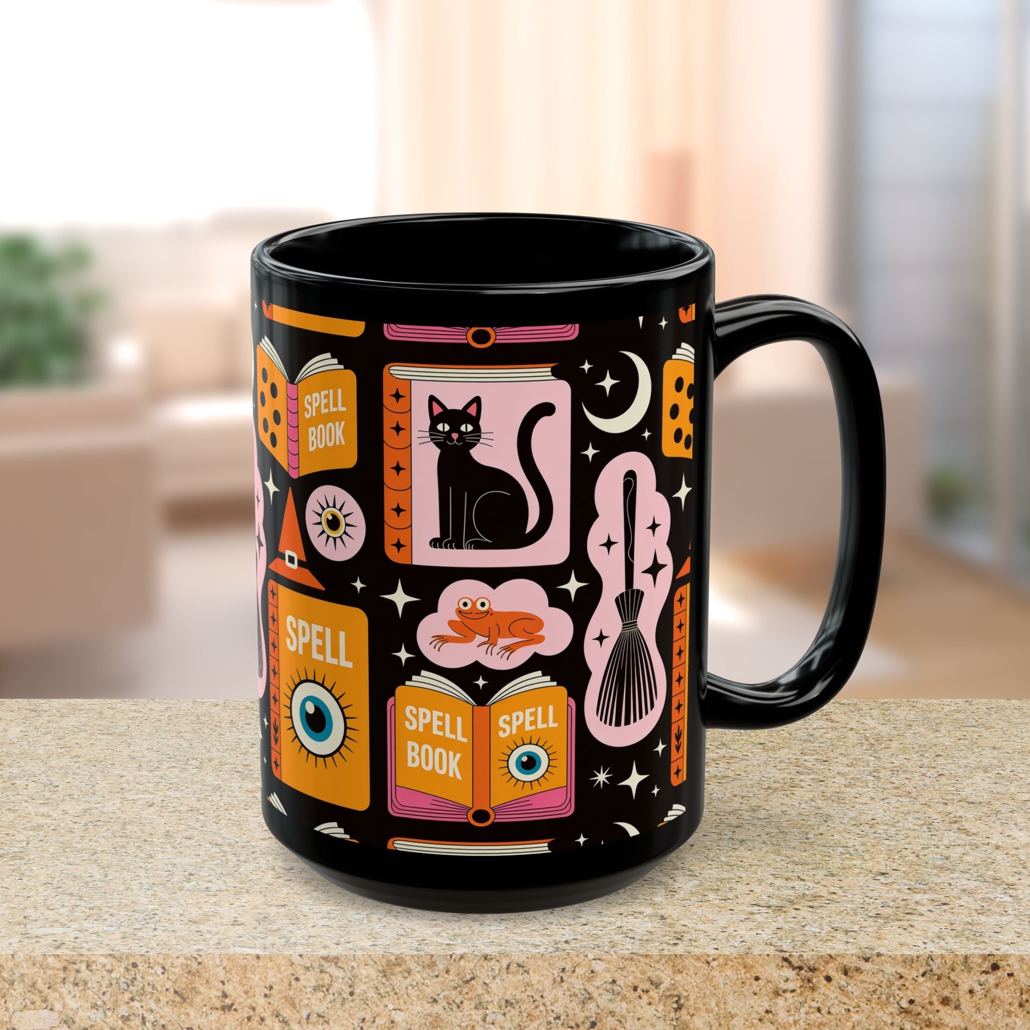 Black mug with colorful witch-themed design on a table
