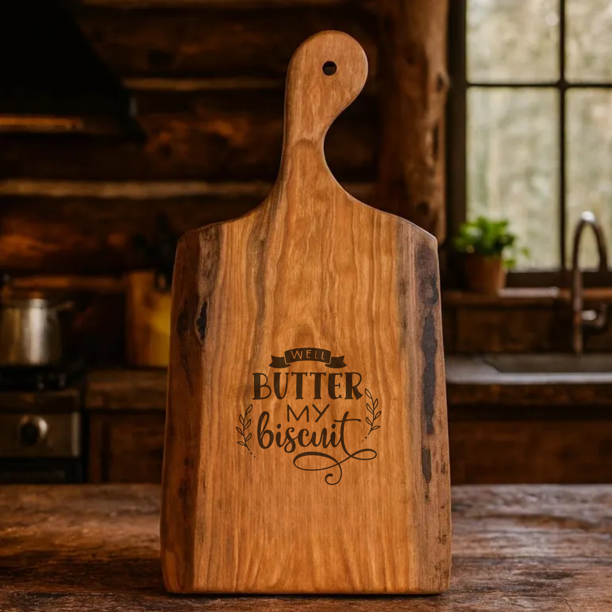Wooden cutting board with 'Well Butter My Biscuit' engraving in a rustic kitchen setting