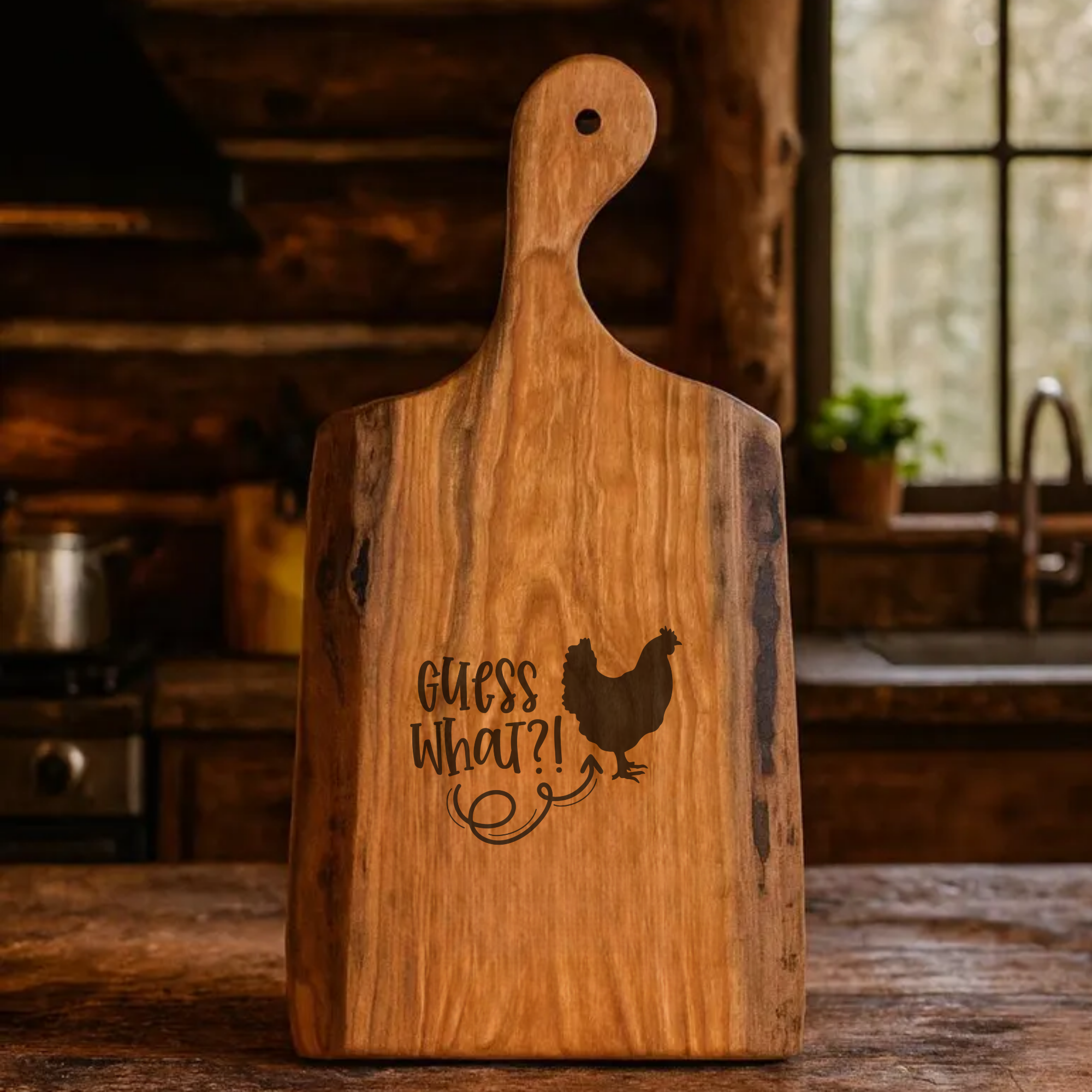 Wooden cutting board with 'Guess What?!' and chicken illustration in a rustic kitchen setting