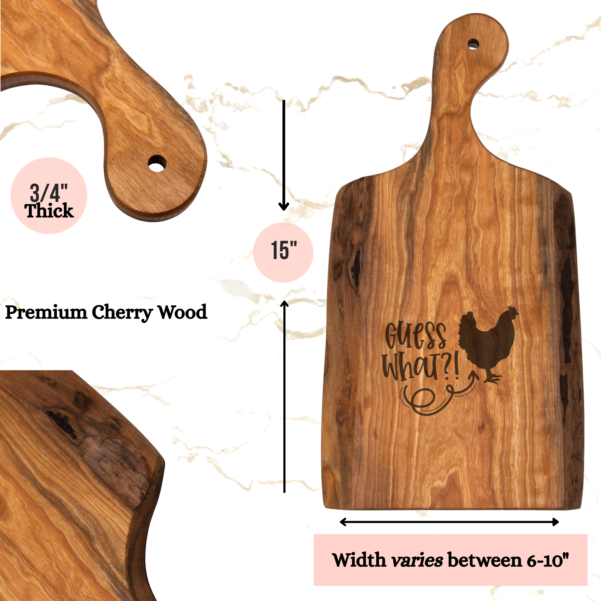 Wooden cutting board with engraved text and measurements on a light background
