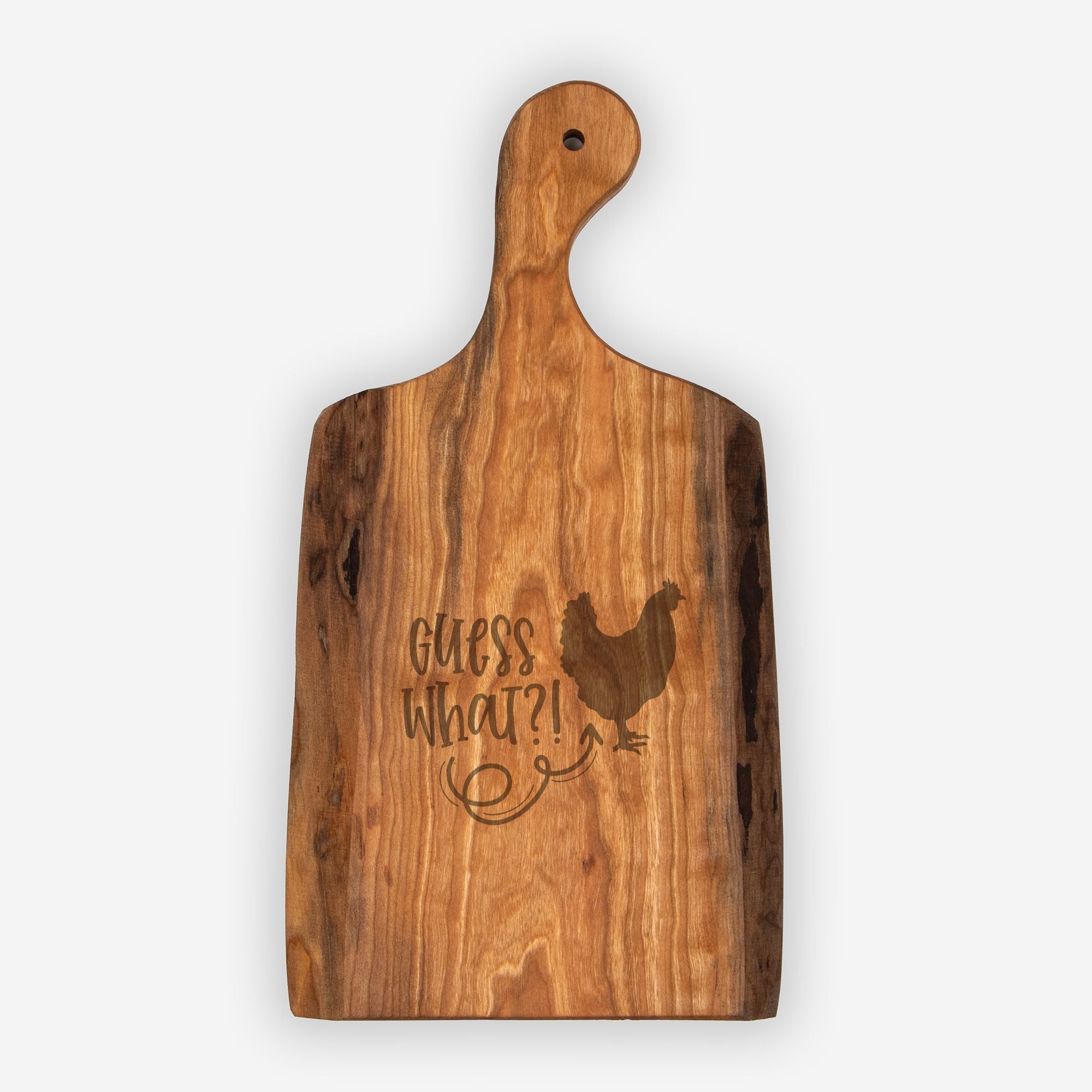 Wooden cutting board with engraved text and chicken illustration on a white background