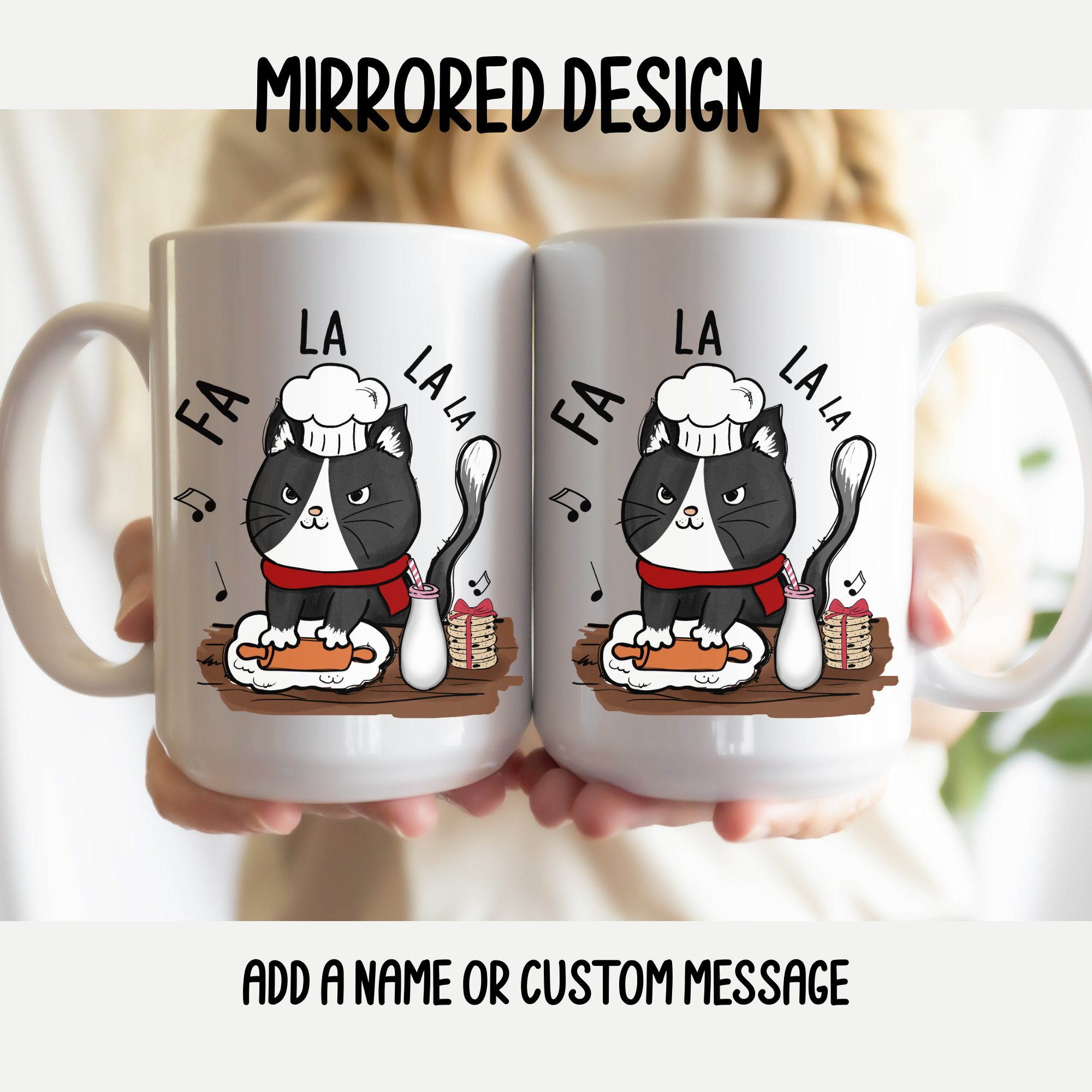 Two mugs with a mirrored design of a black cat character and text, held together.