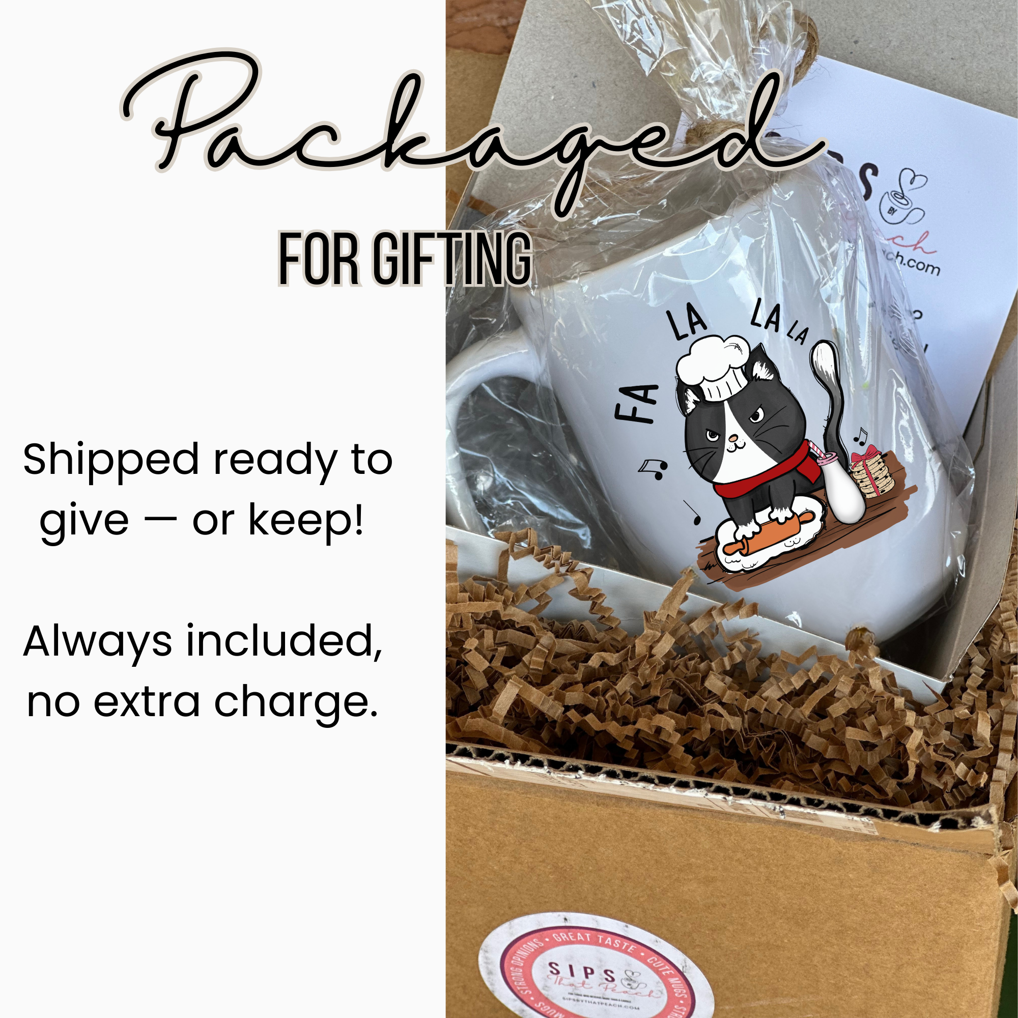 Mug with cat design in a gift box, labeled 'Packaged for Gifting'.