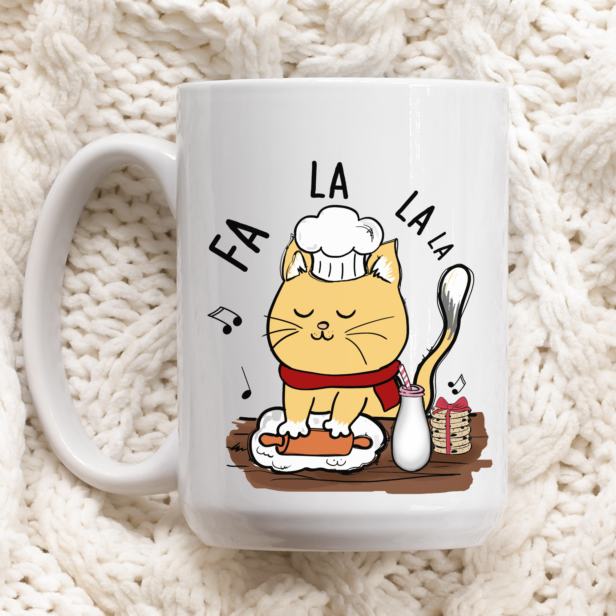 White mug with a cartoon cat chef design on a white textured background