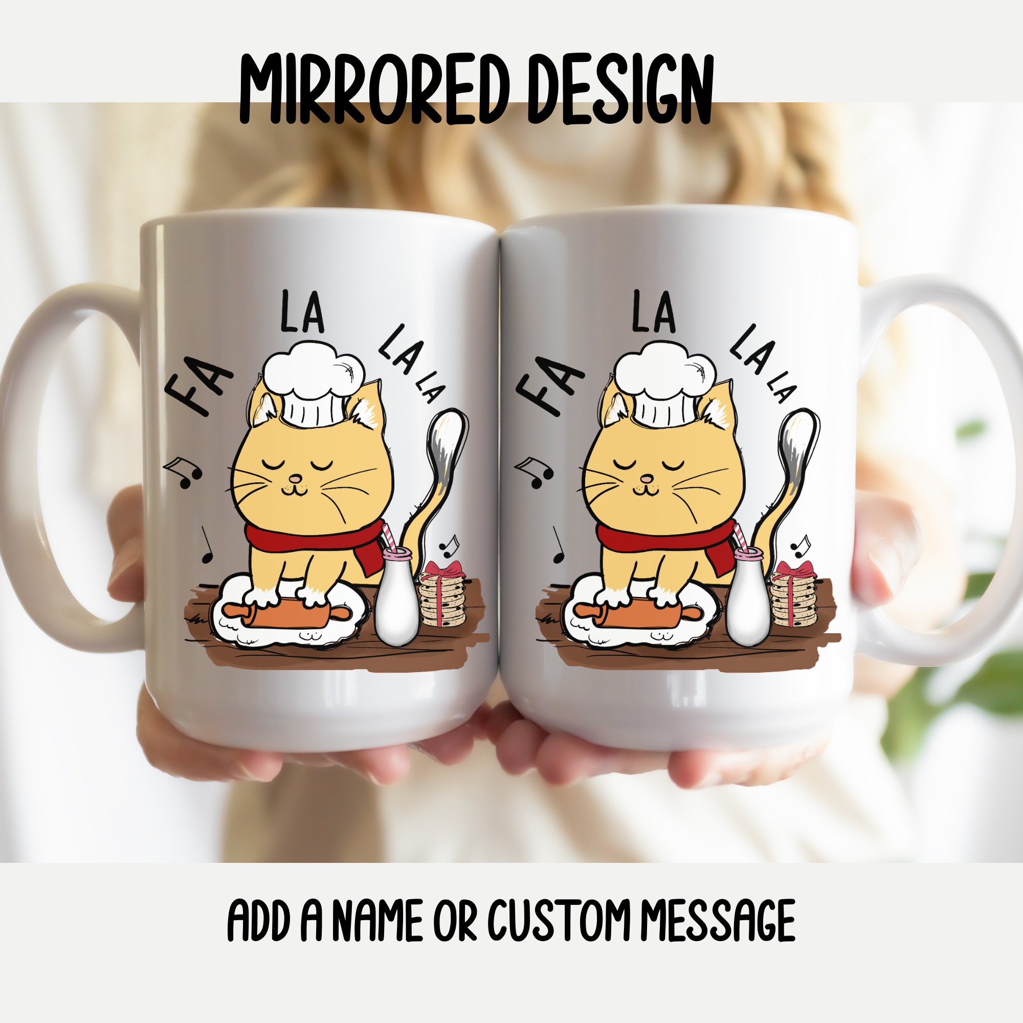Two mugs with a mirrored design of a cat playing the piano, held together.