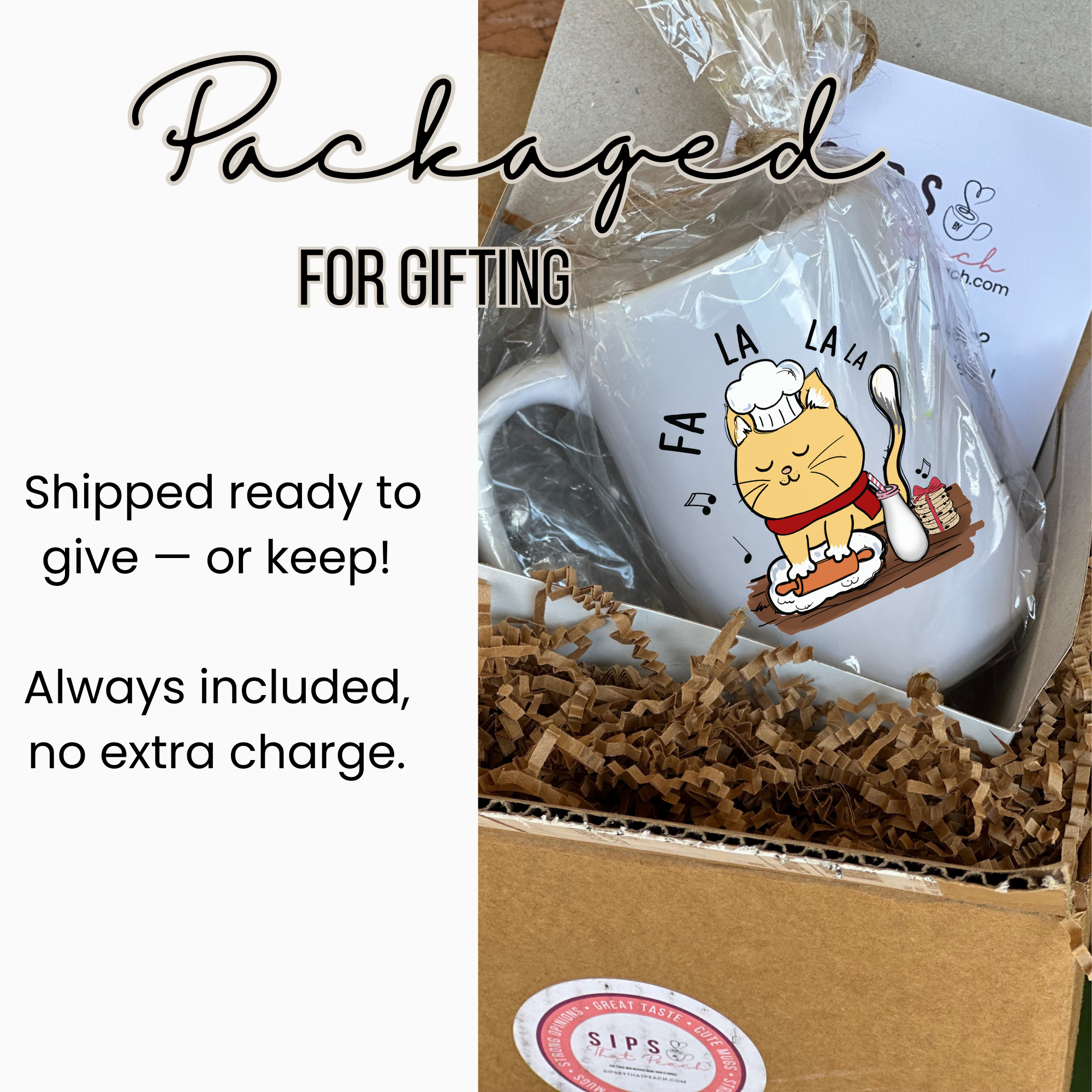 Mug with cartoon cat design in a gift box, labeled 'Packaged for Gifting'.