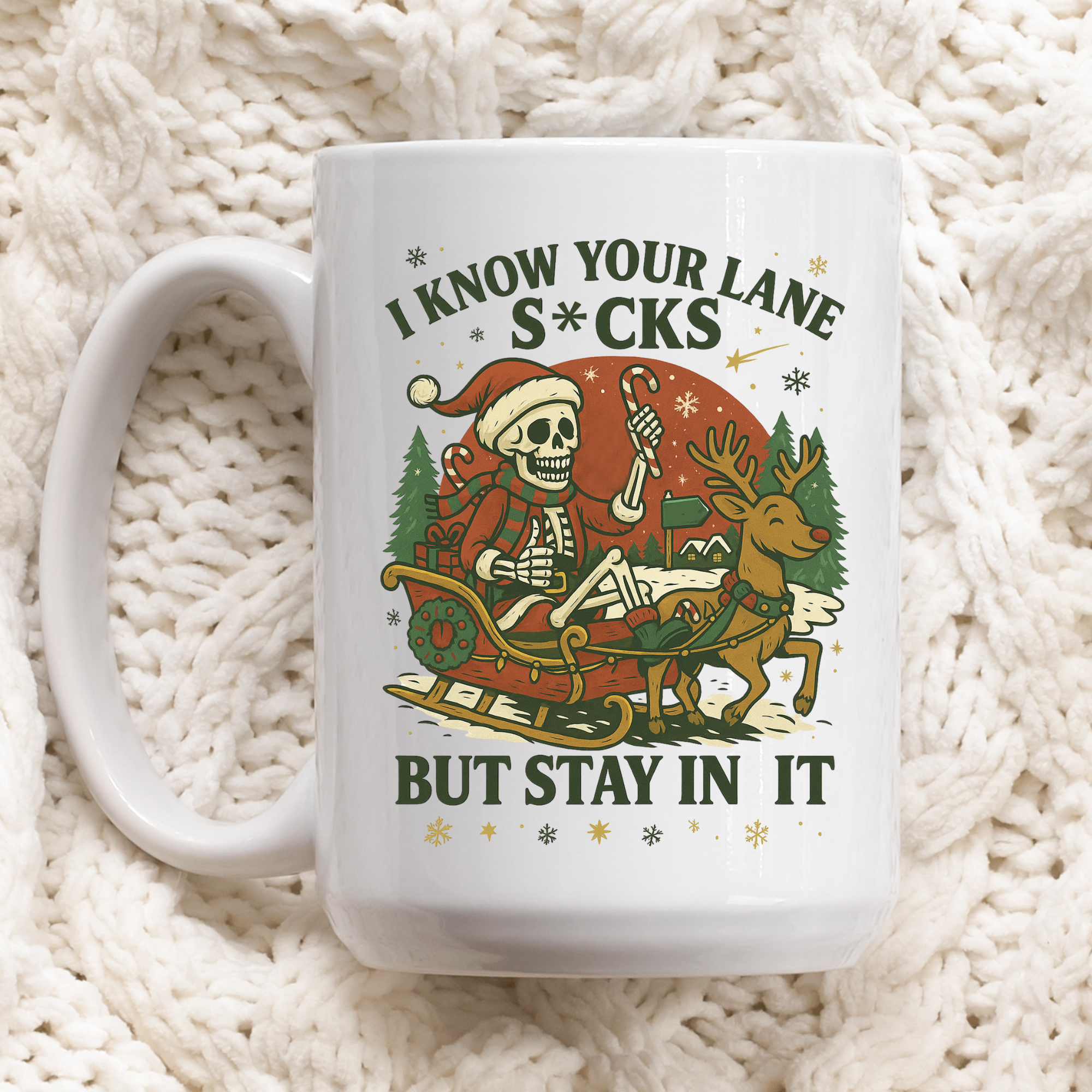White mug with Christmas-themed design featuring a skeleton and reindeer on a white background