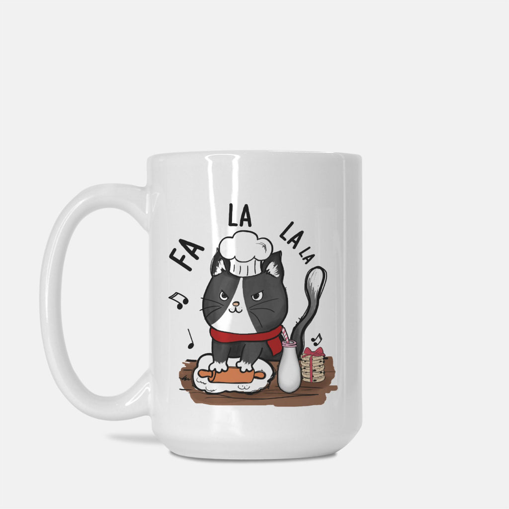 White mug with a cat design and musical notes on a white background
