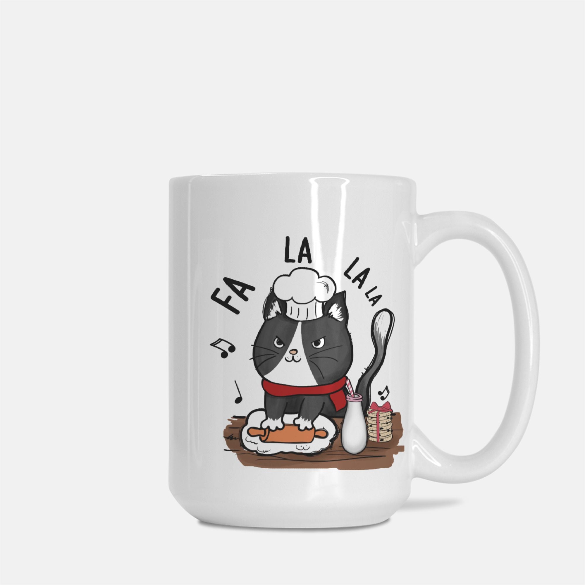 White mug with a black cat illustration and text on a white background