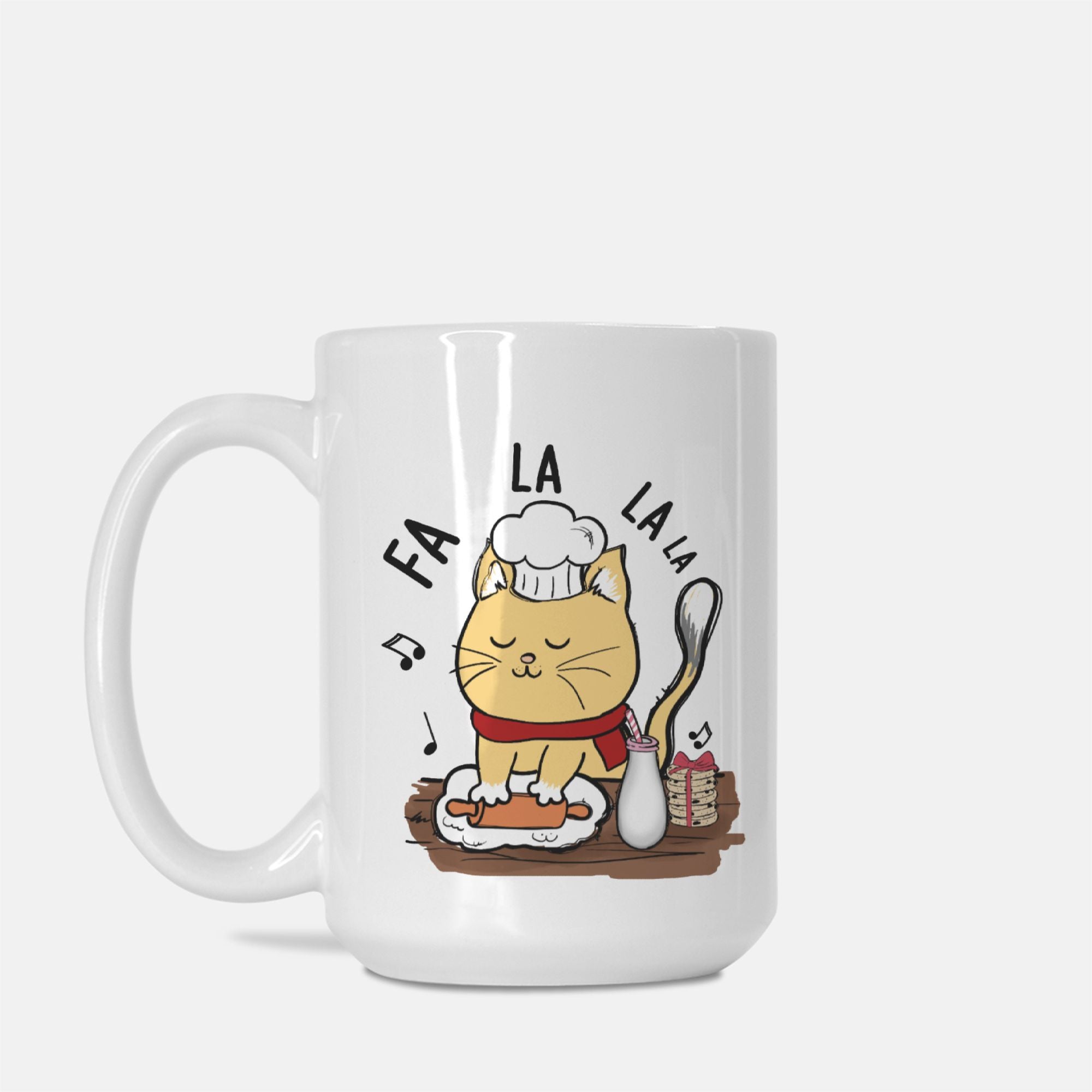 White mug with a cat illustration and 'La La La' text on a white background