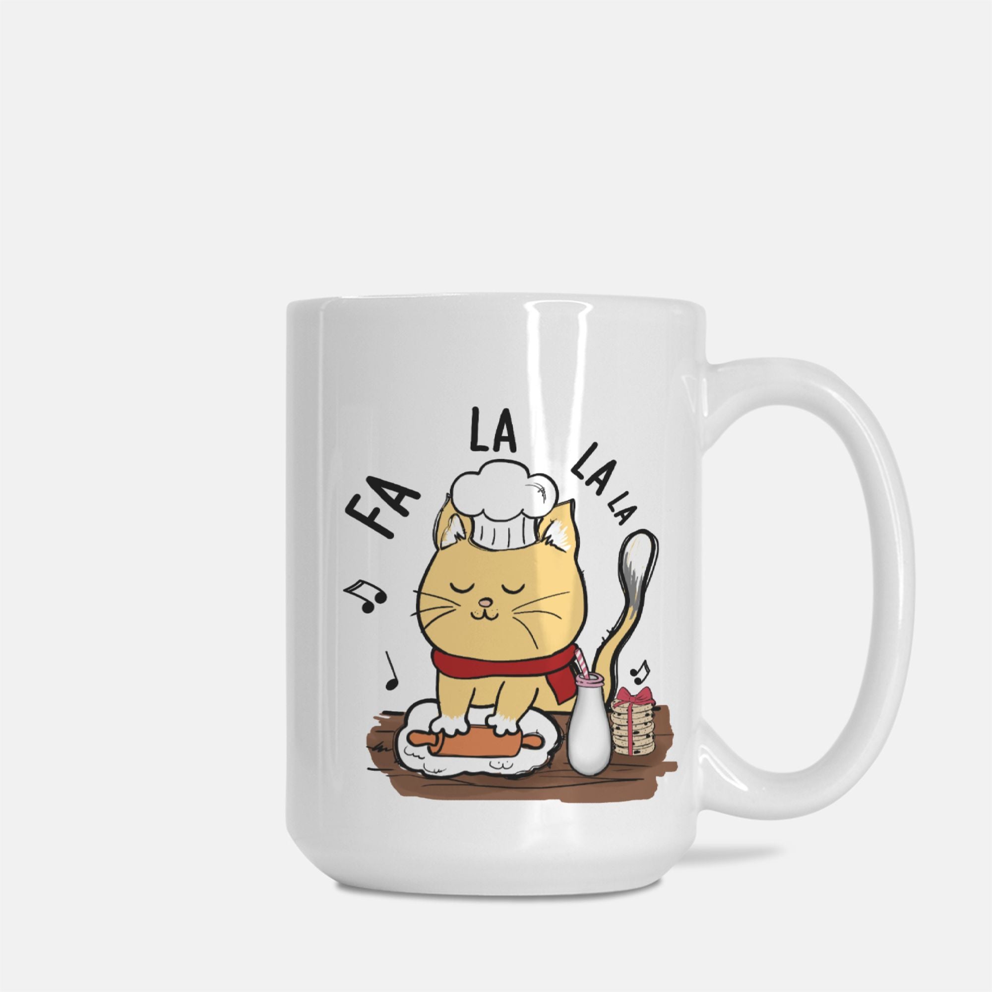 White mug with a cat illustration and musical notes on a white background