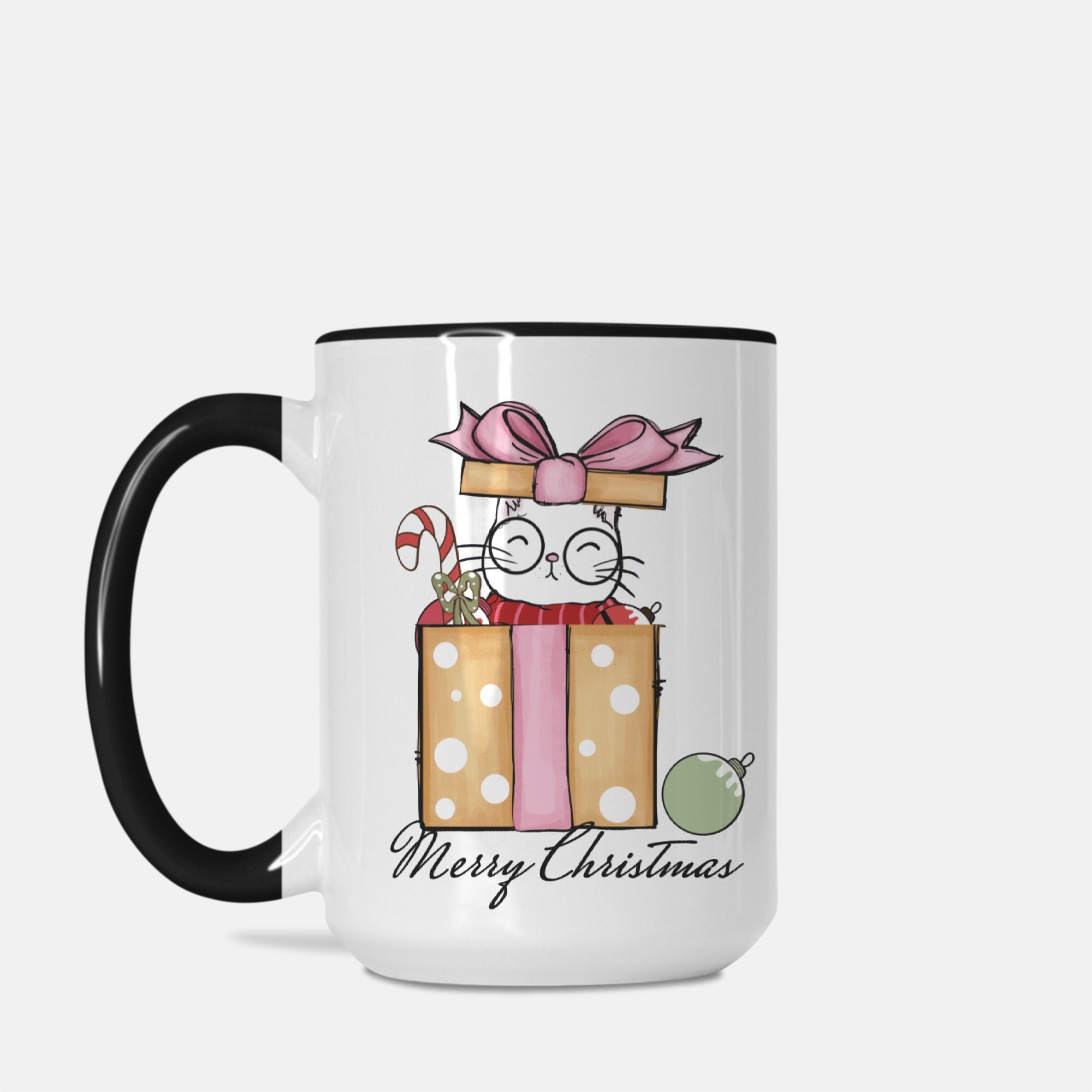 Mug with a Christmas-themed design featuring a cat and presents on a white background