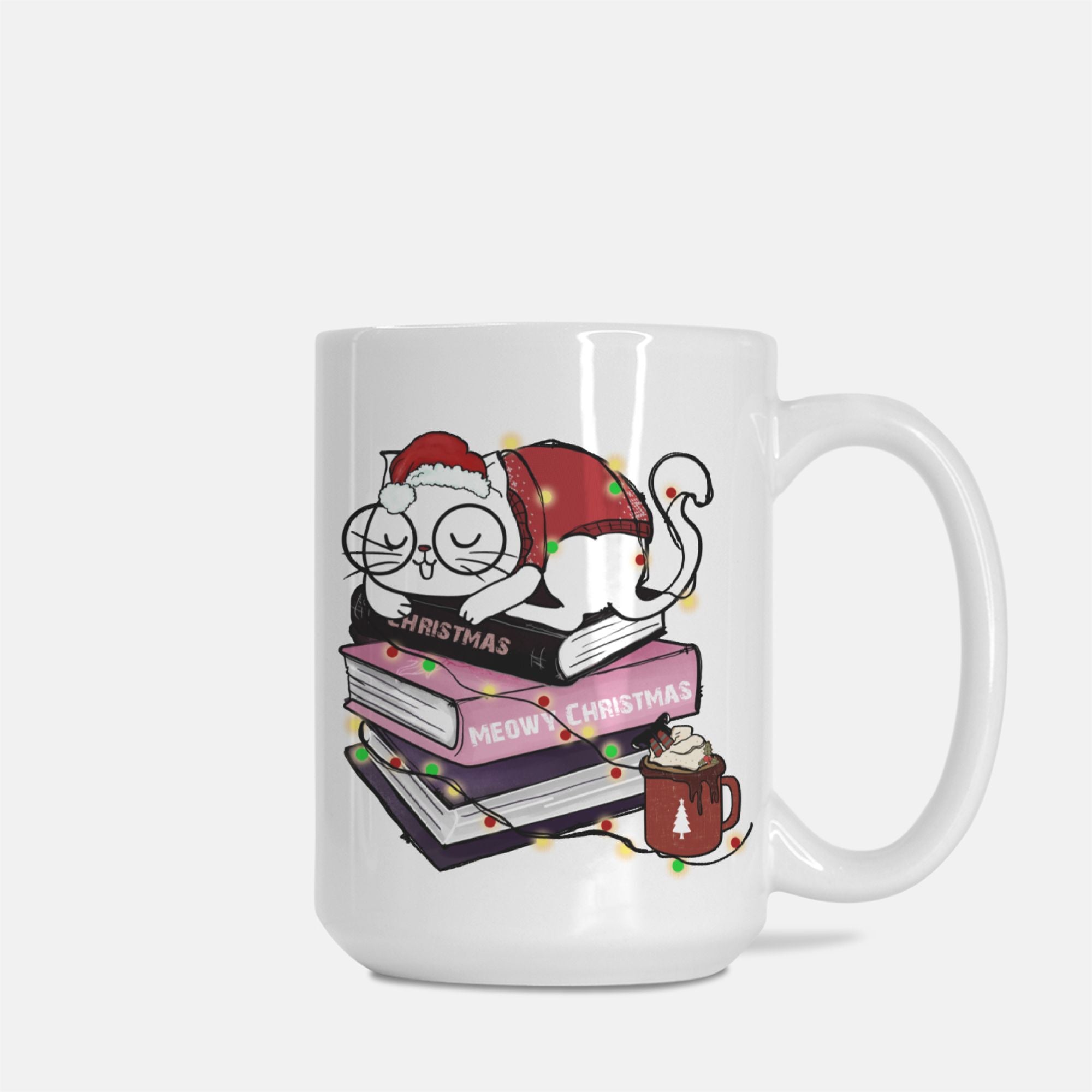 White mug with a Christmas-themed design featuring a cat and books on a white background