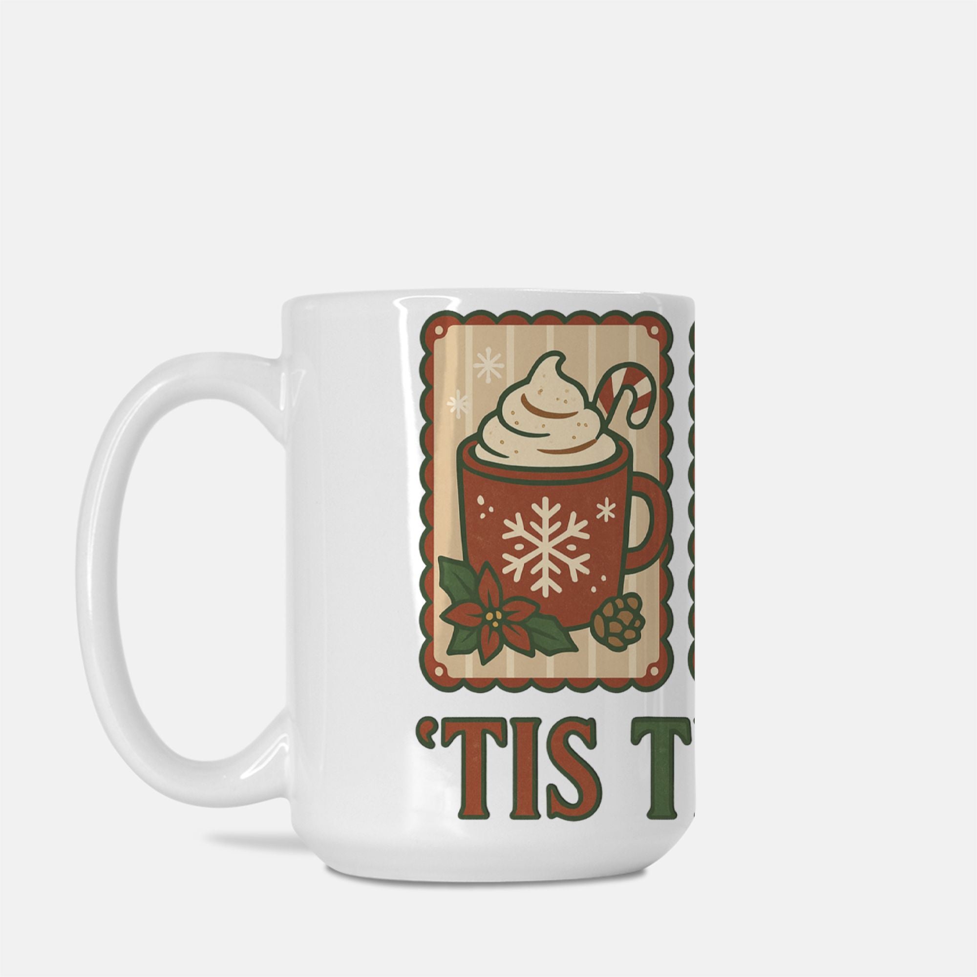 White mug with Christmas-themed design featuring a hot chocolate cup and text on a white background